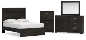 Belachime Full Panel Bed with Mirrored Dresser and Chest in Charcoal