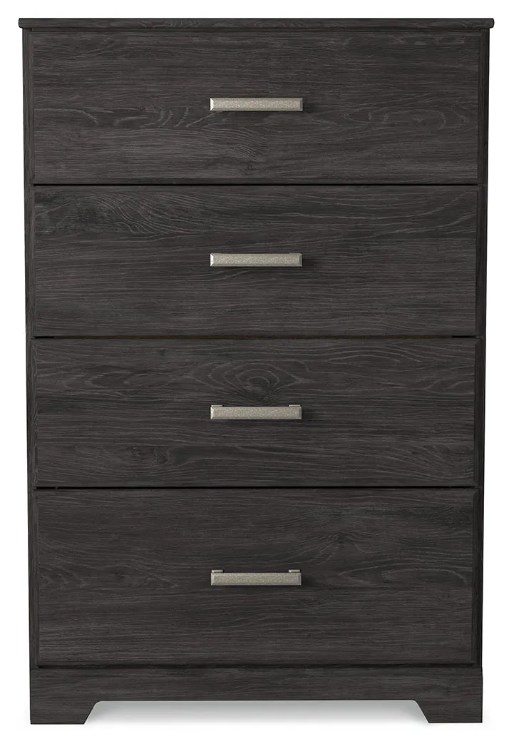 Belachime Full Panel Bed with Mirrored Dresser and Chest in Charcoal