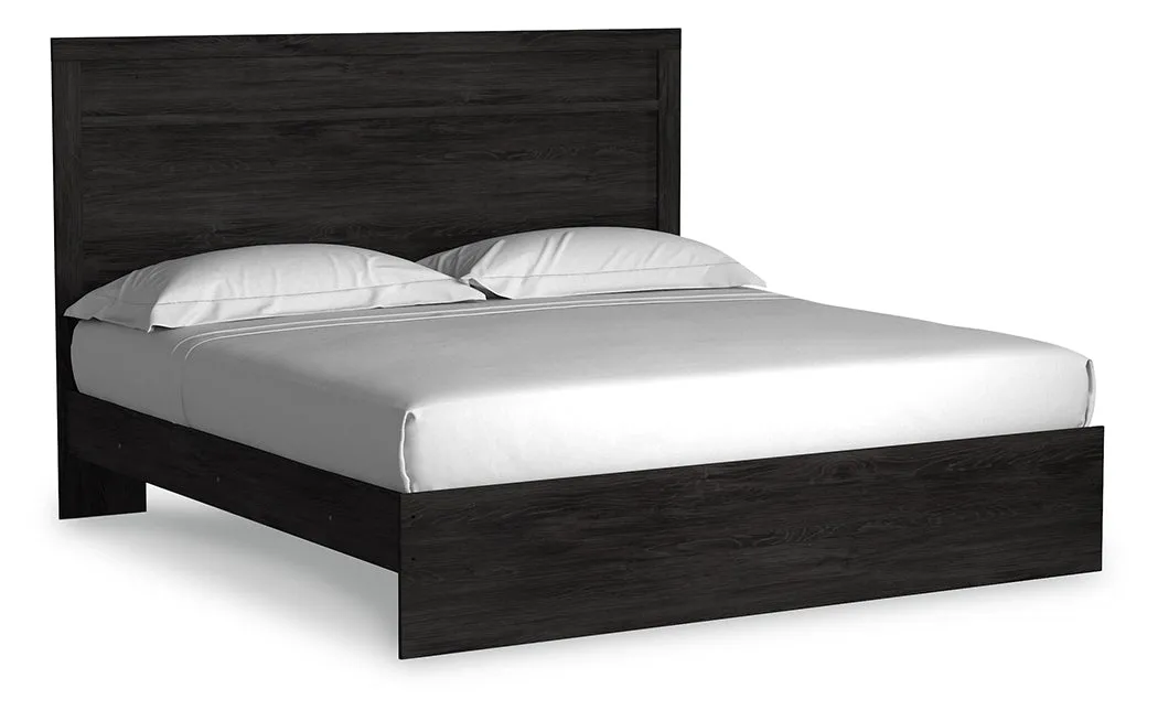 Belachime King Panel Bed with Mirrored Dresser and Chest in Charcoal