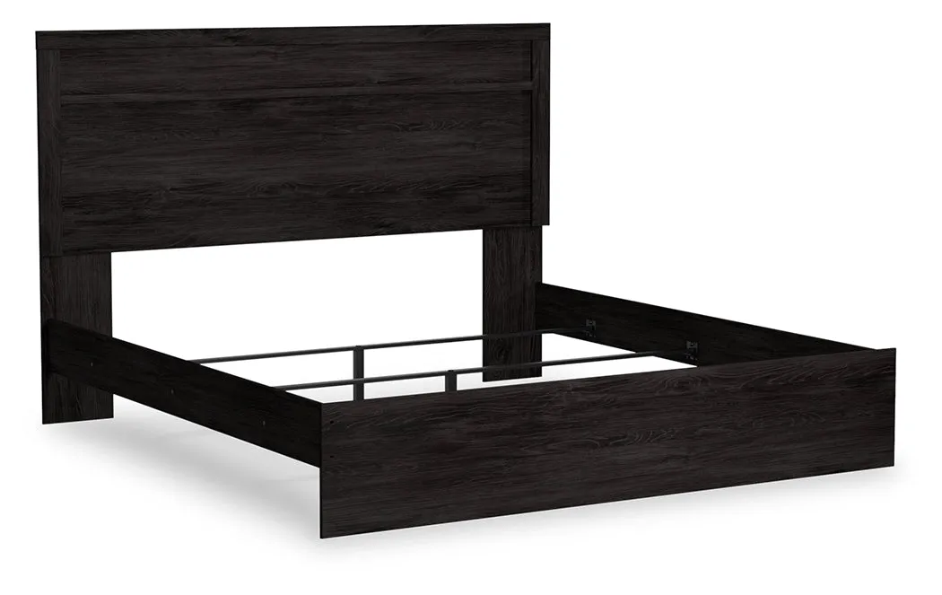 Belachime King Panel Bed with Mirrored Dresser and Chest in Charcoal