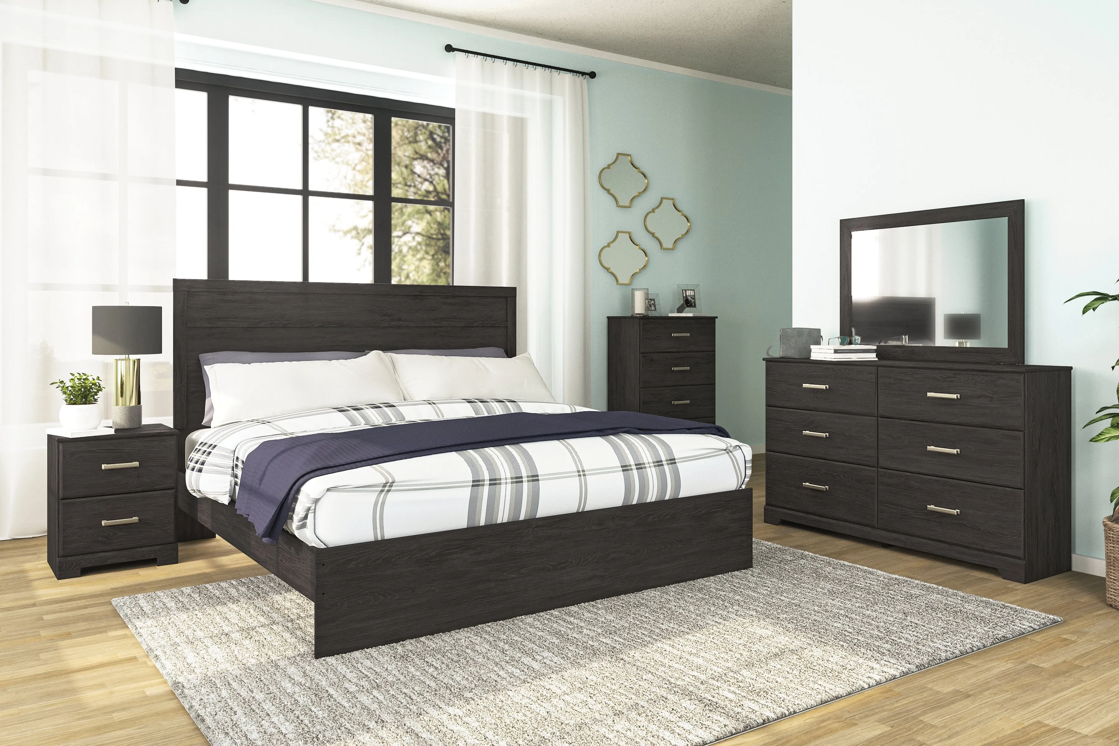 Belachime King Panel Bed with Mirrored Dresser and Chest in Charcoal