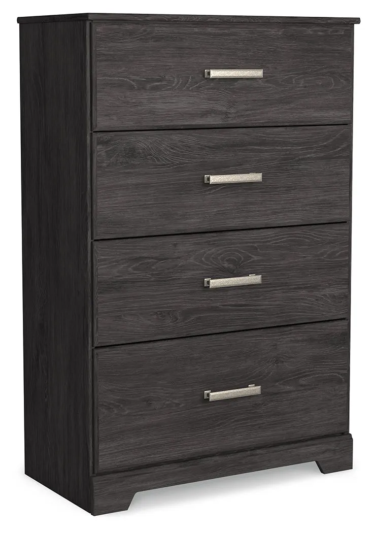 Belachime King Panel Bed with Mirrored Dresser and Chest in Charcoal