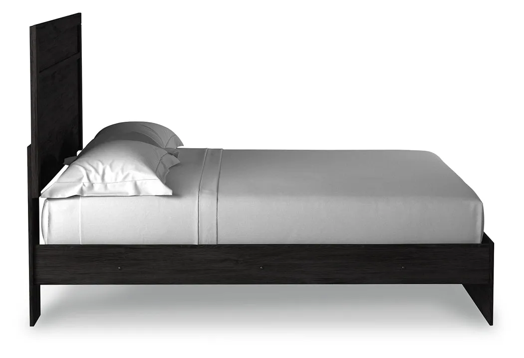 Belachime King Panel Bed with Mirrored Dresser and Chest in Charcoal