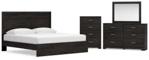 Belachime King Panel Bed with Mirrored Dresser and Chest in Charcoal