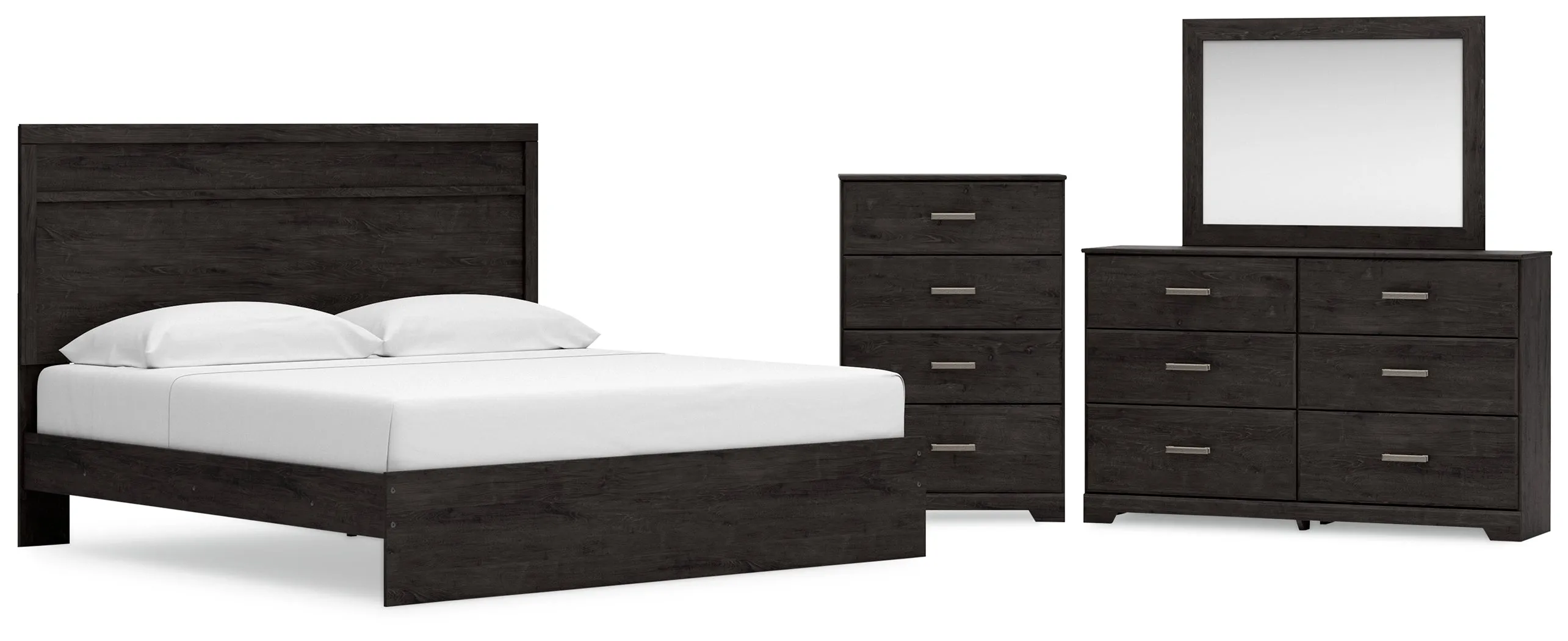 Belachime King Panel Bed with Mirrored Dresser and Chest in Charcoal