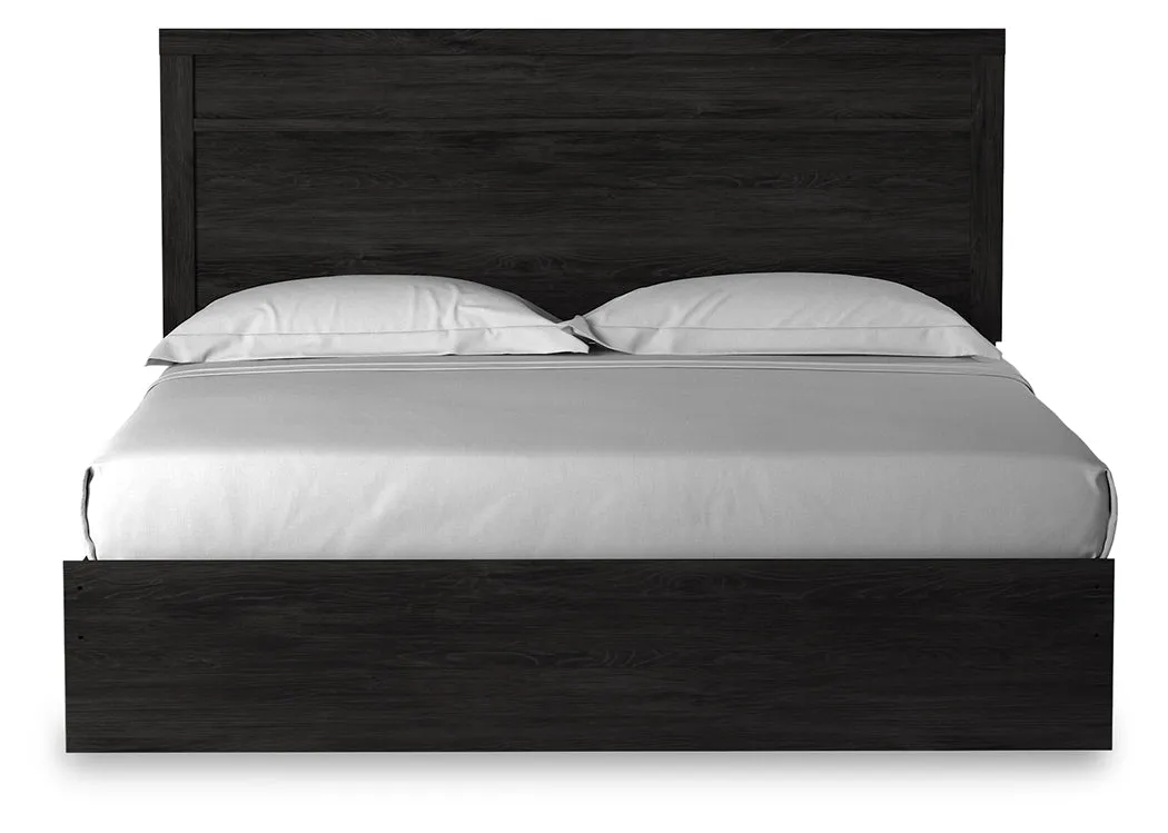 Belachime King Panel Bed with Mirrored Dresser and Chest in Charcoal