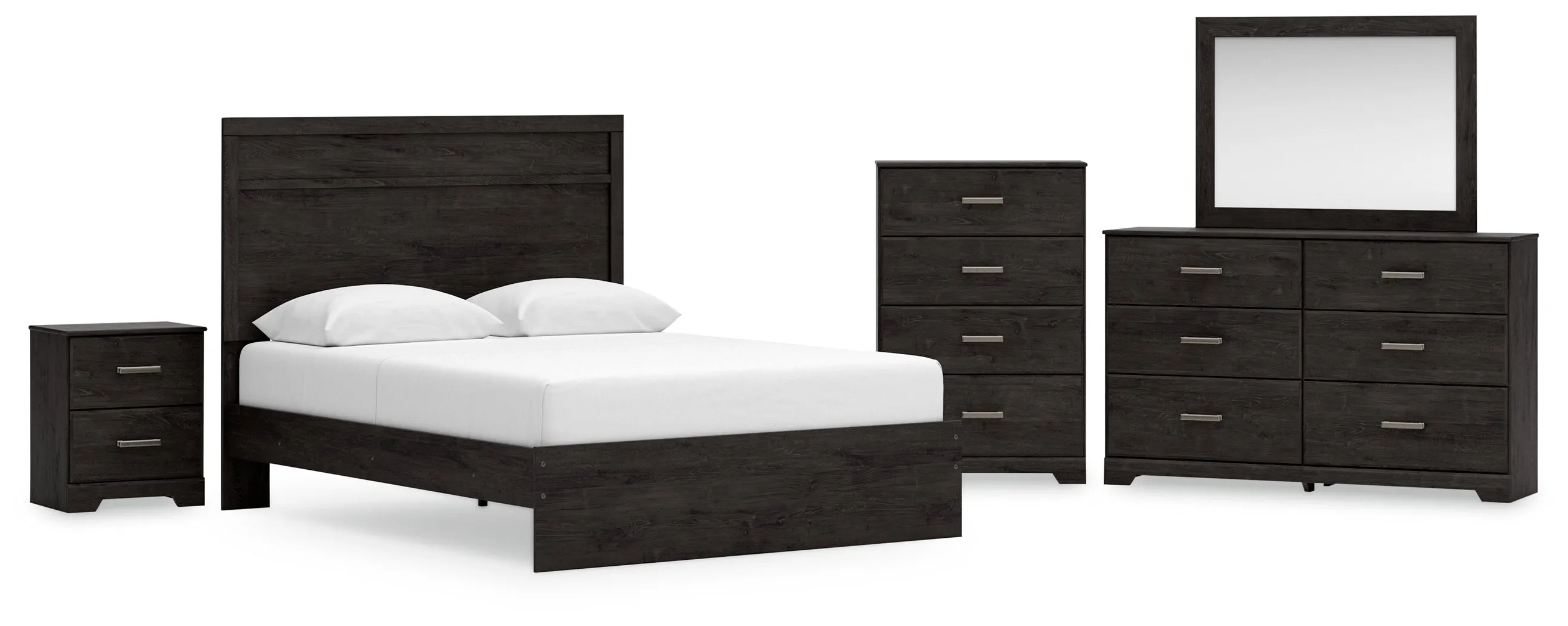 Belachime Queen Panel Bed with Mirrored Dresser, Chest and Nightstand in Charcoal