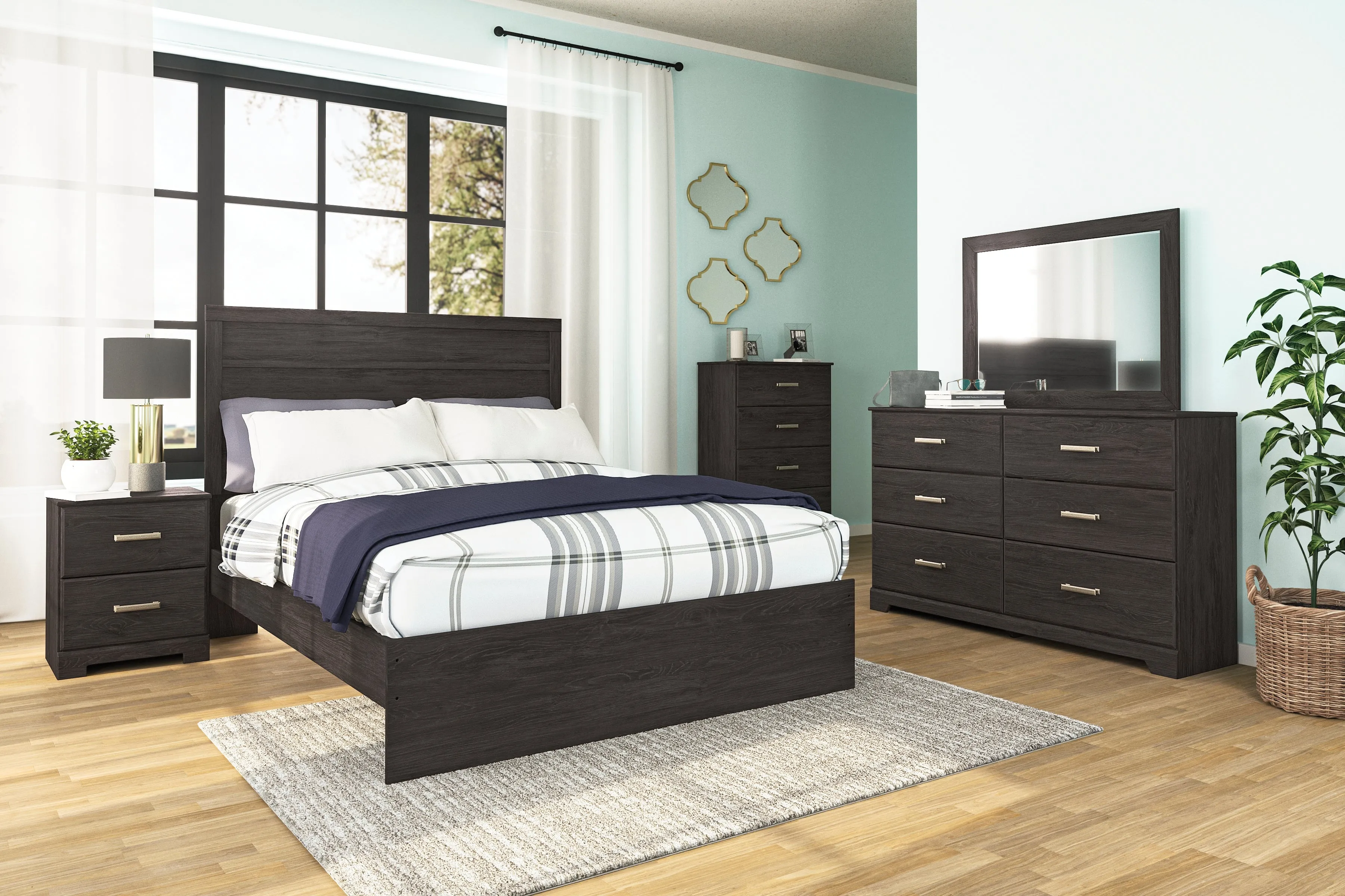 Belachime Queen Panel Bed with Mirrored Dresser, Chest and Nightstand in Charcoal
