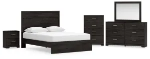 Belachime Queen Panel Bed with Mirrored Dresser, Chest and Nightstand in Charcoal