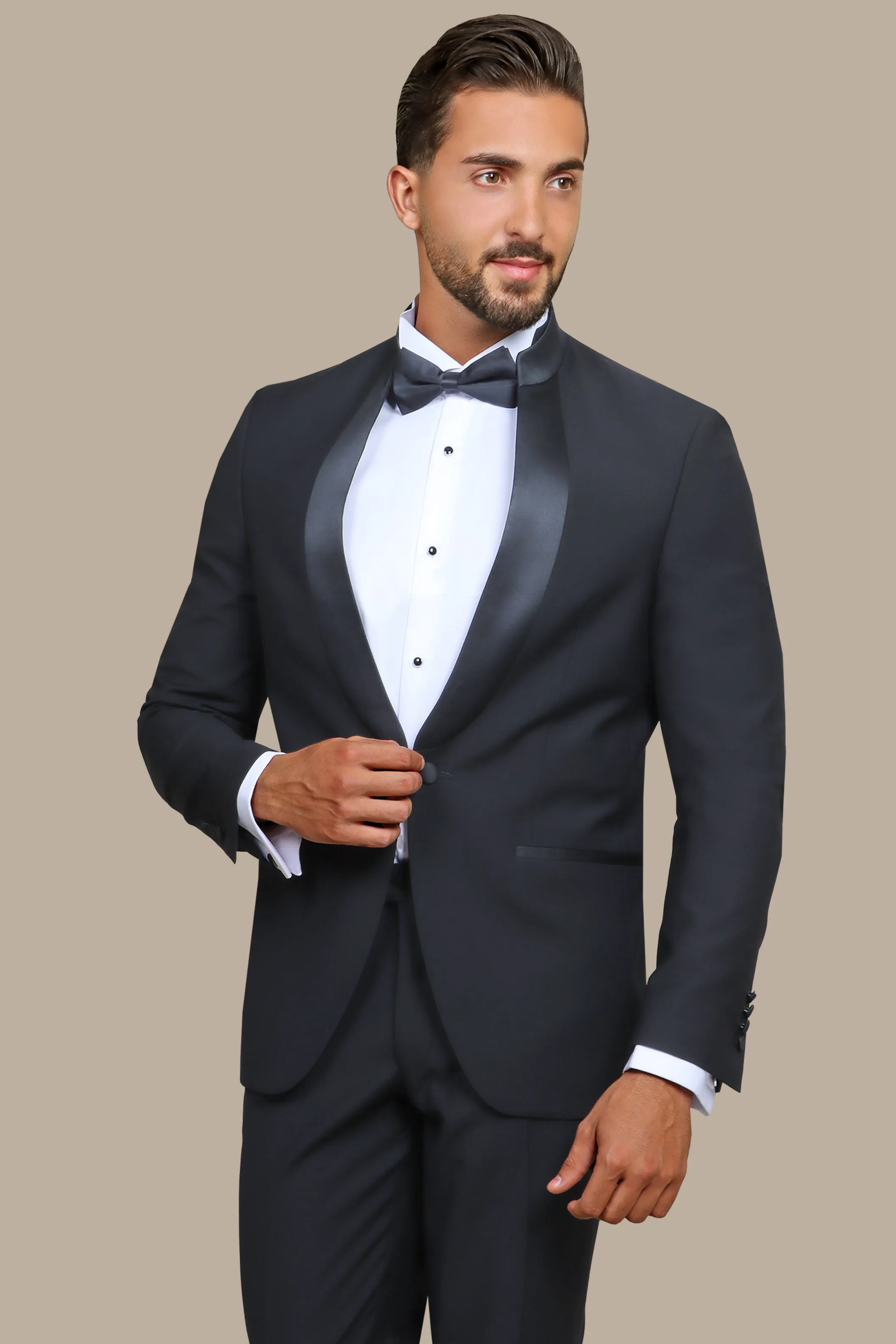 Black Mandarin Collar Tuxedo with Satin Piping