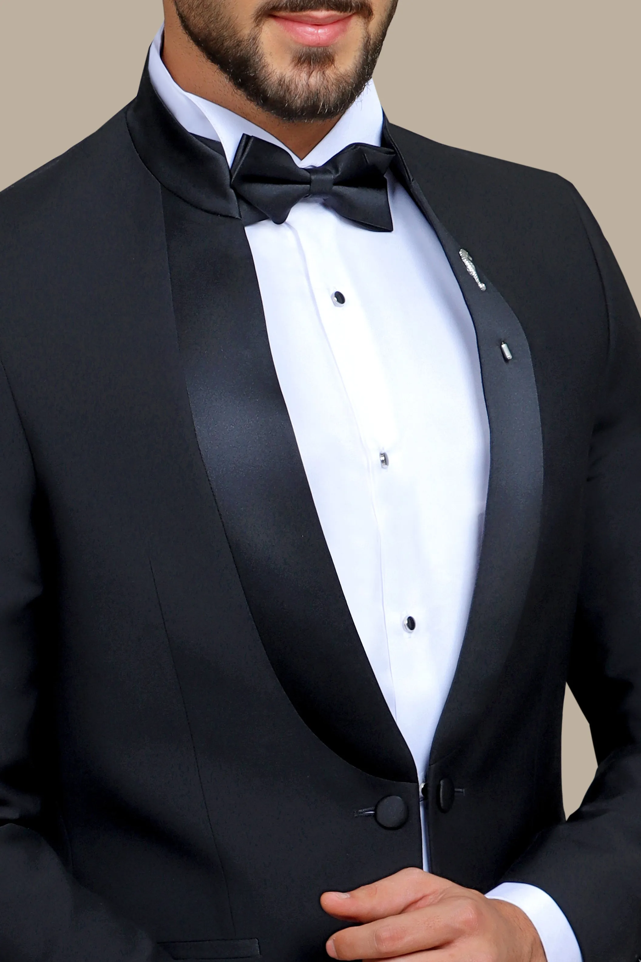 Black Mandarin Collar Tuxedo with Satin Piping