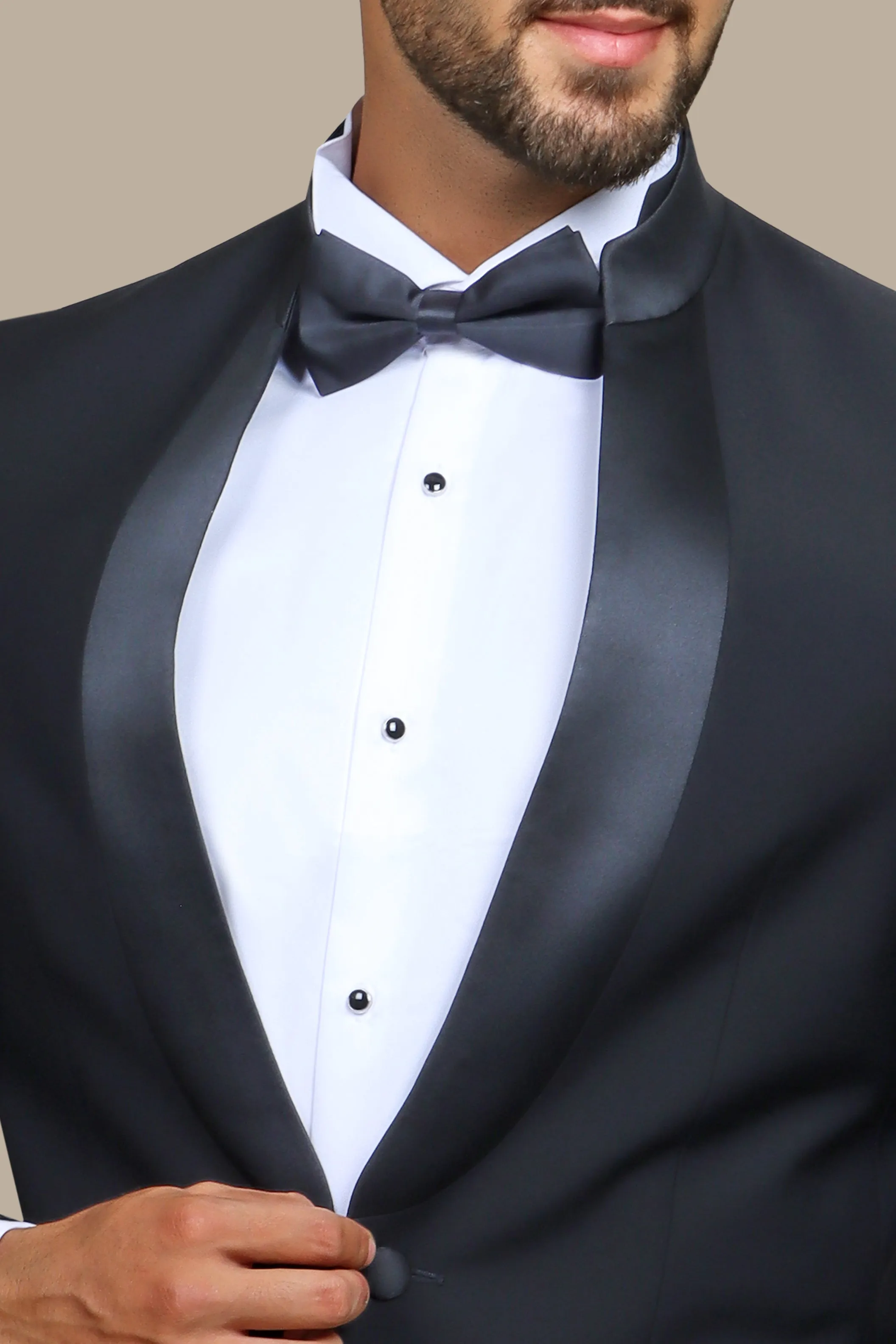Black Mandarin Collar Tuxedo with Satin Piping