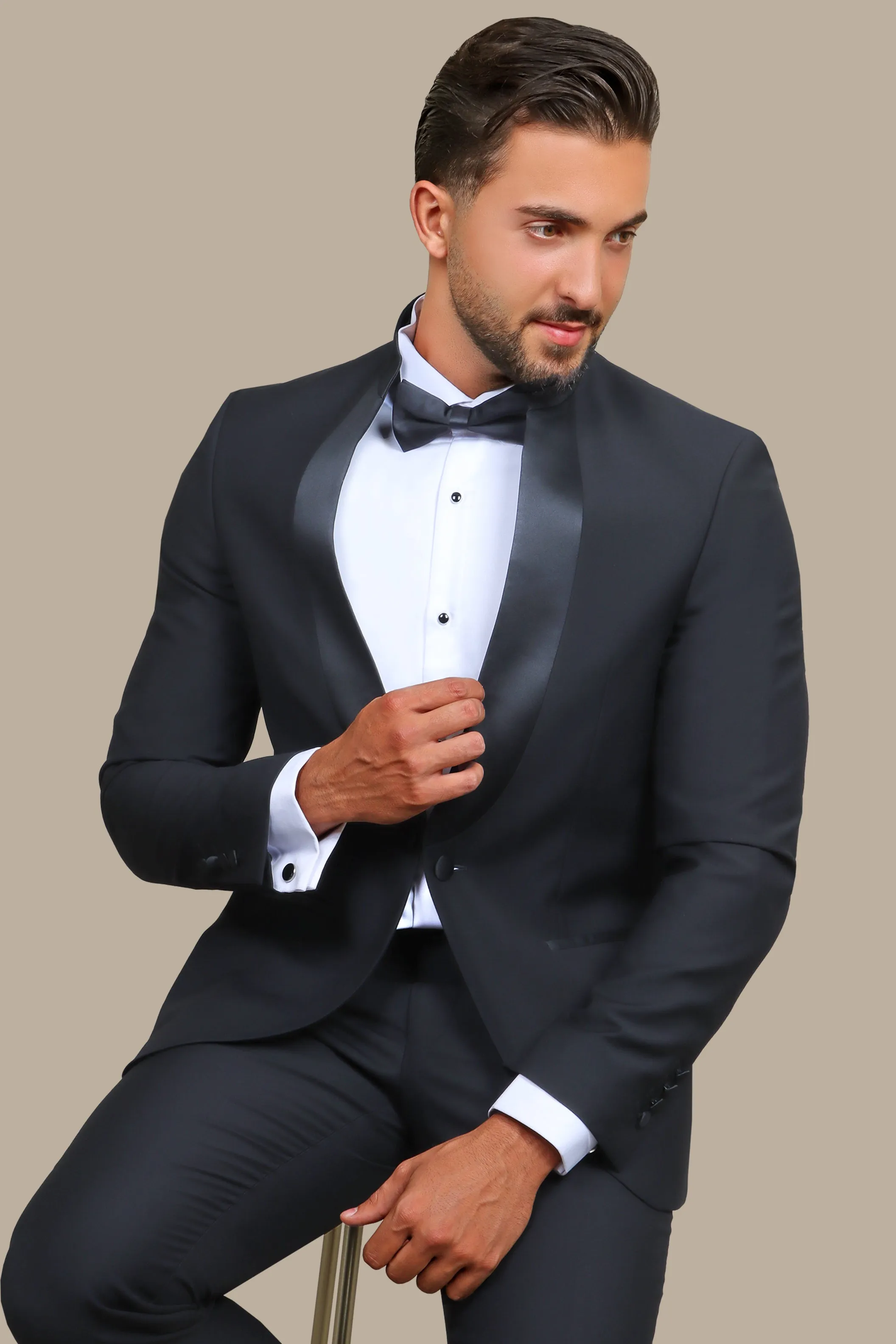 Black Mandarin Collar Tuxedo with Satin Piping