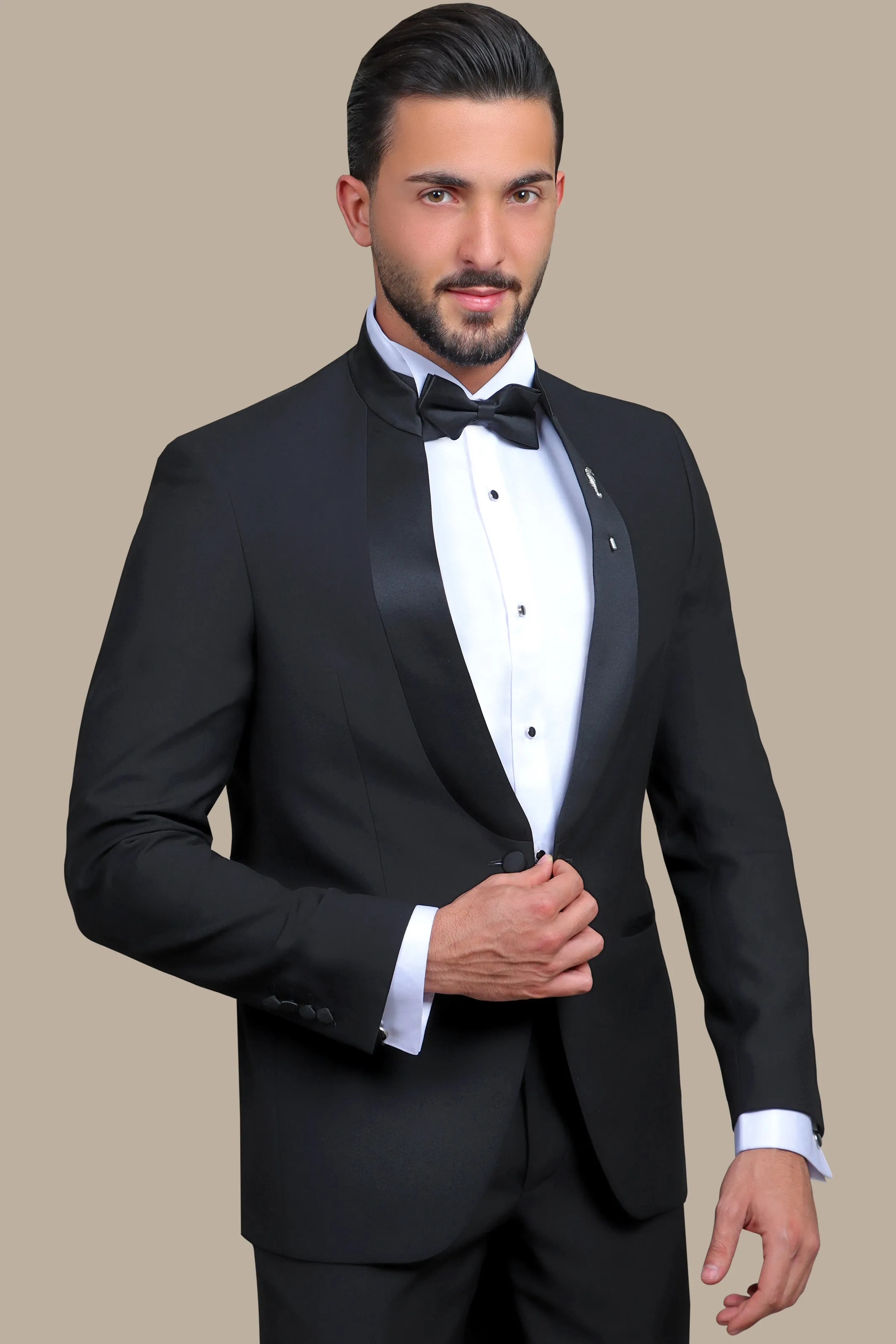 Black Mandarin Collar Tuxedo with Satin Piping