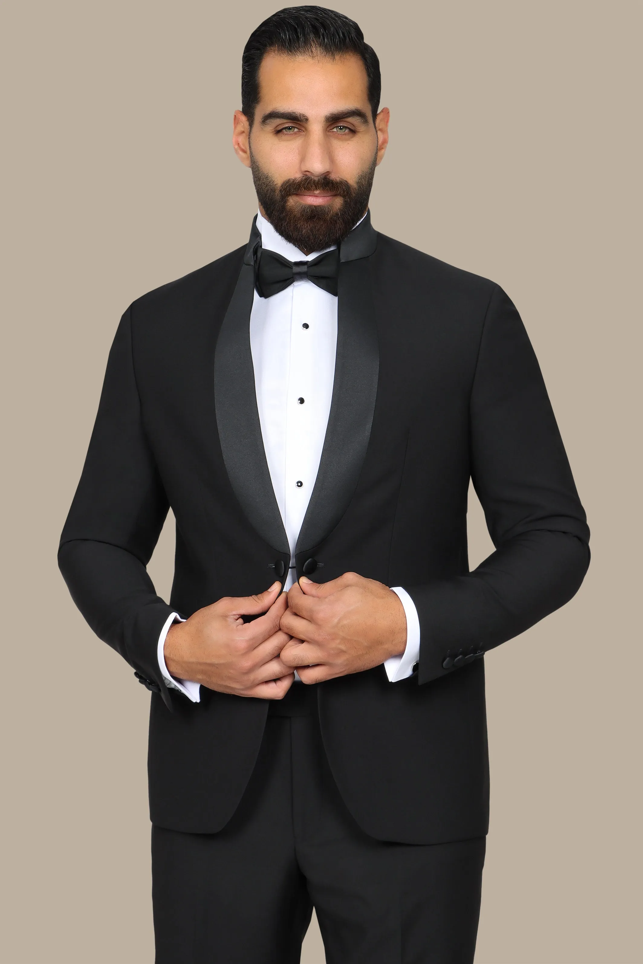 Black Mandarin Collar Tuxedo with Satin Piping