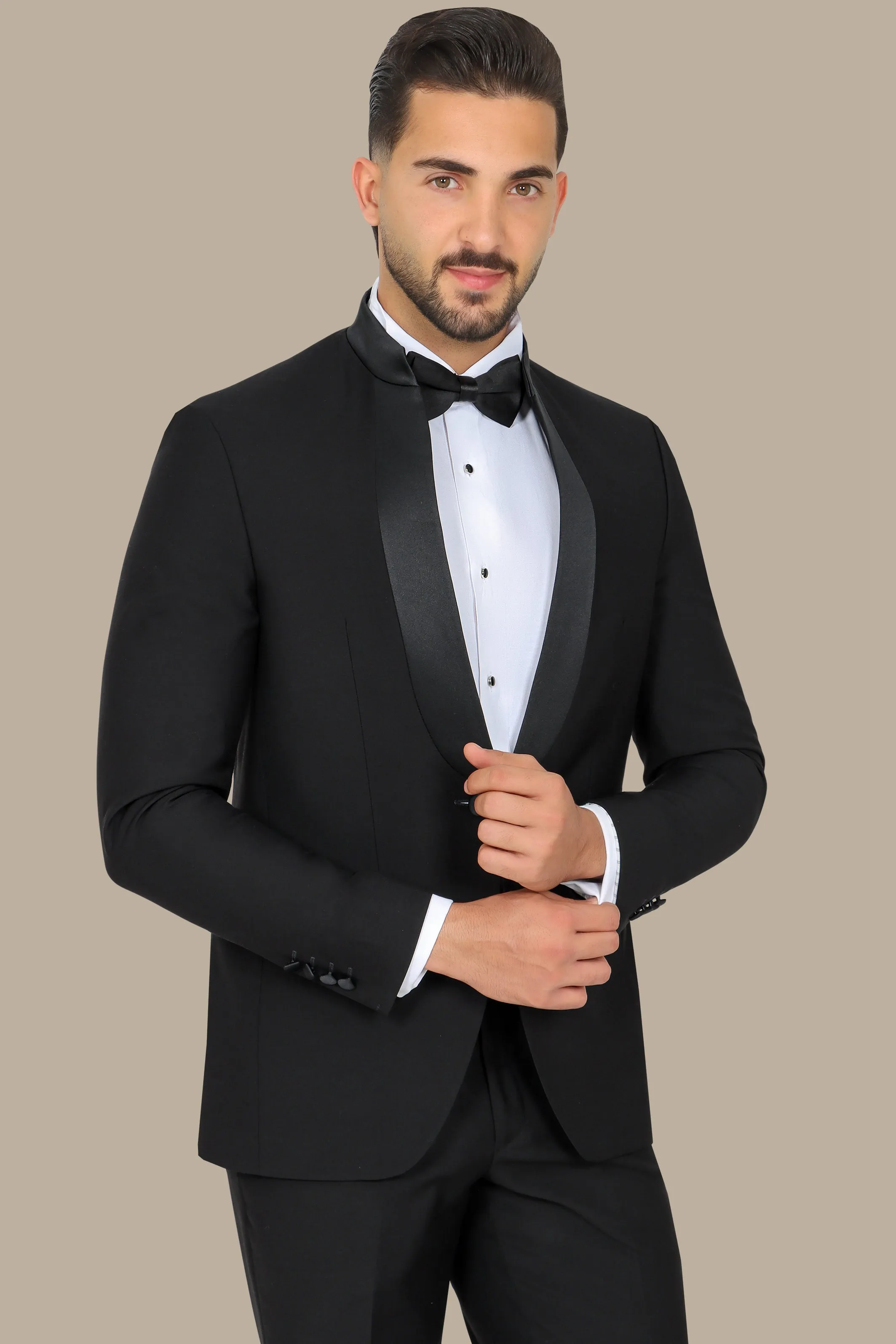 Black Mandarin Collar Tuxedo with Satin Piping