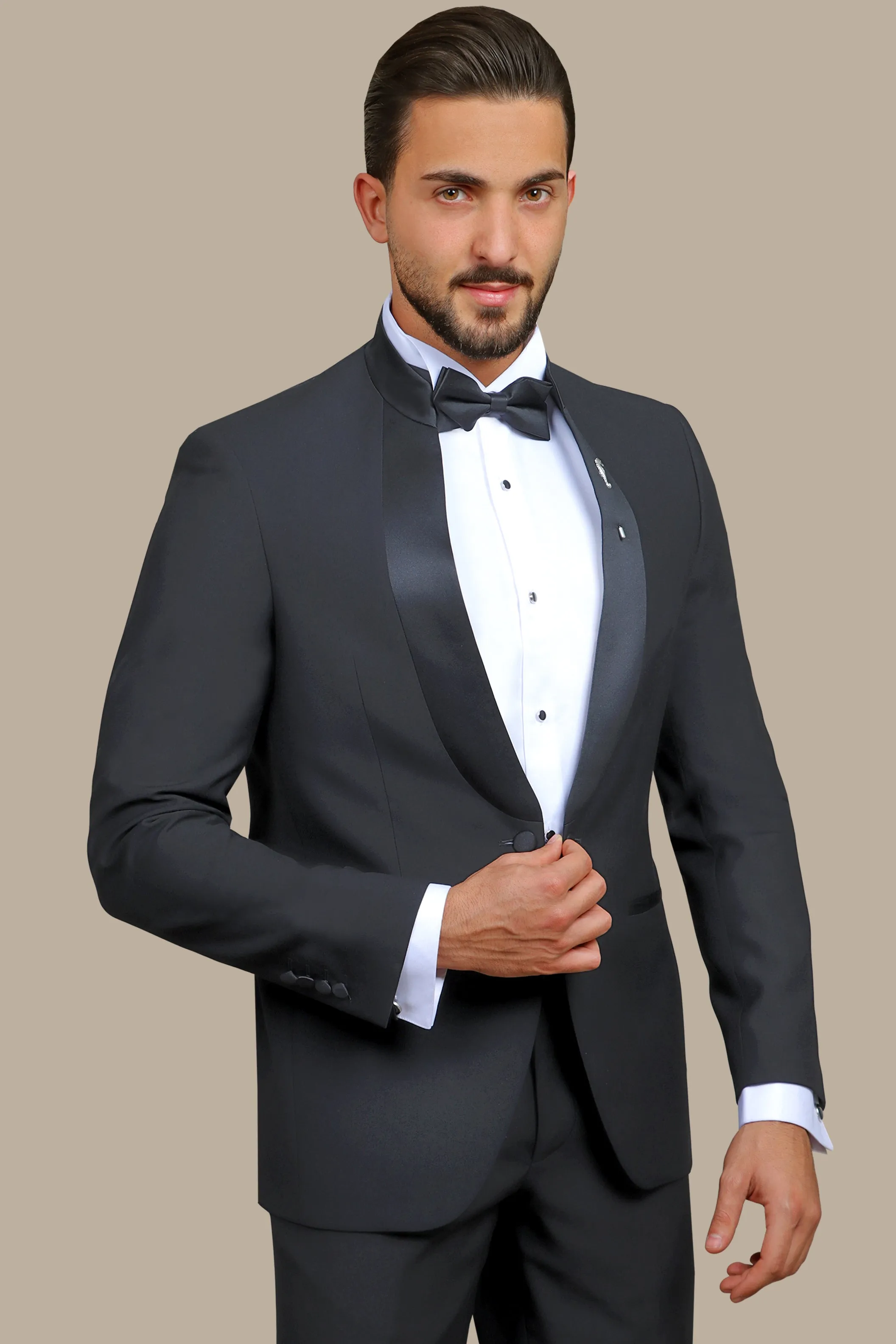 Black Mandarin Collar Tuxedo with Satin Piping