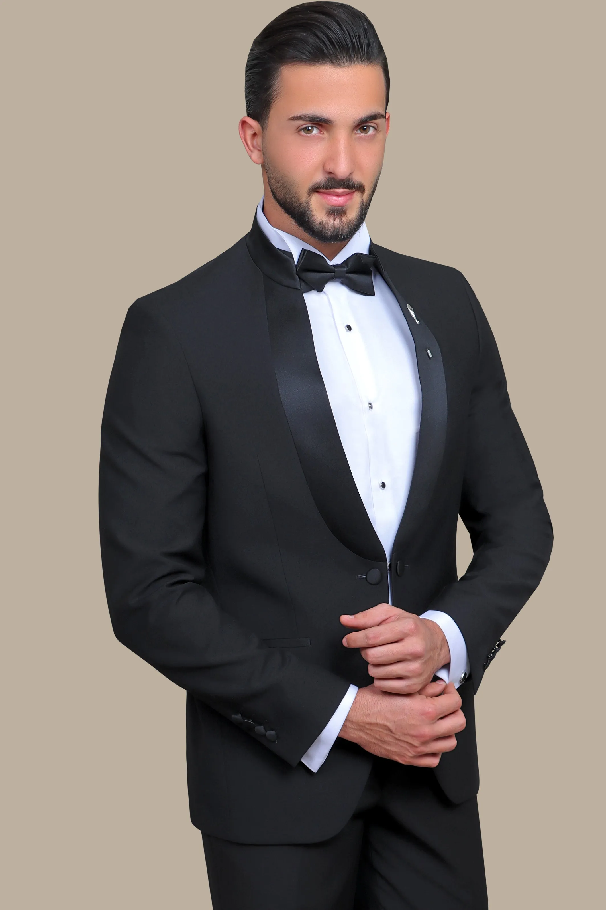 Black Mandarin Collar Tuxedo with Satin Piping