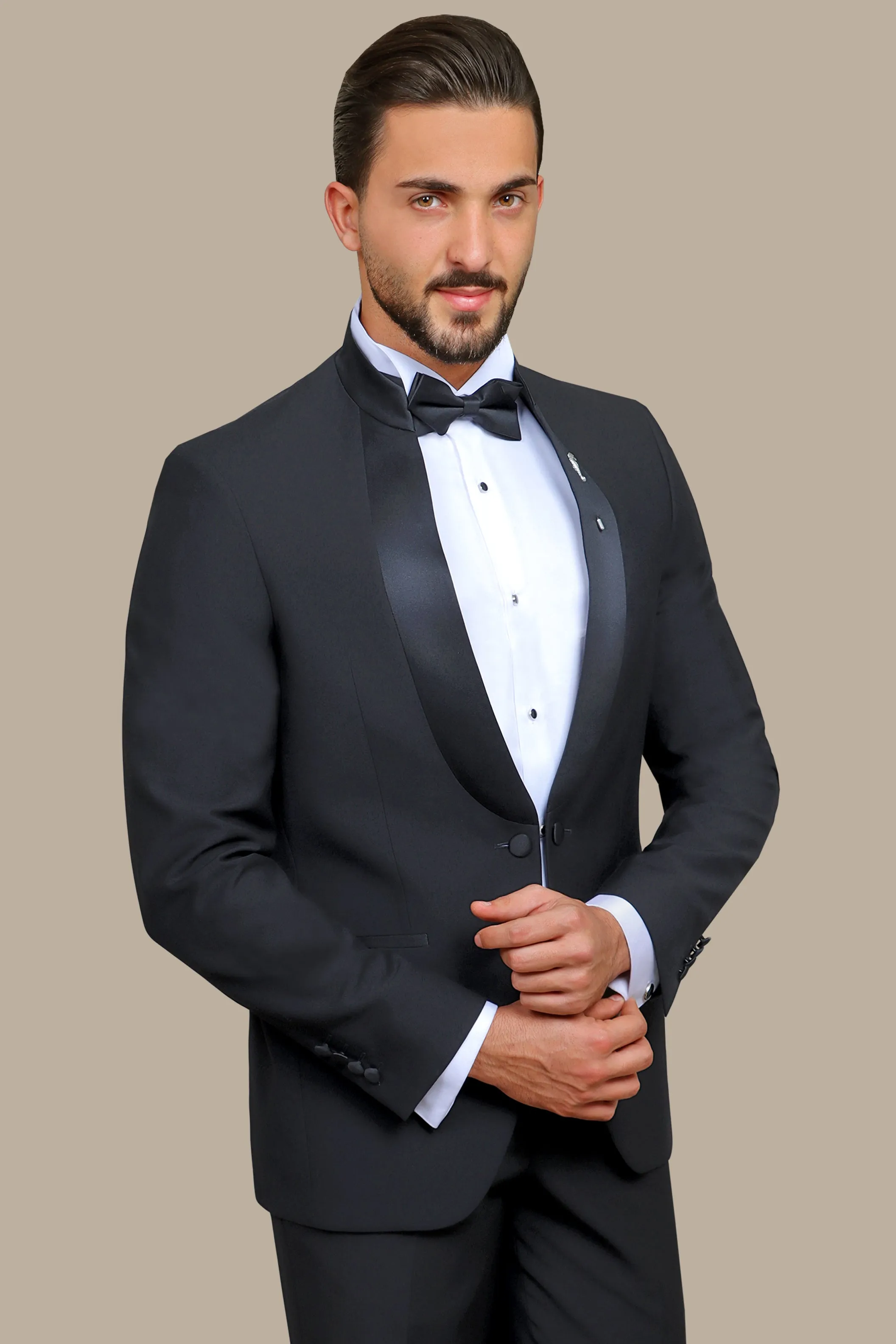Black Mandarin Collar Tuxedo with Satin Piping