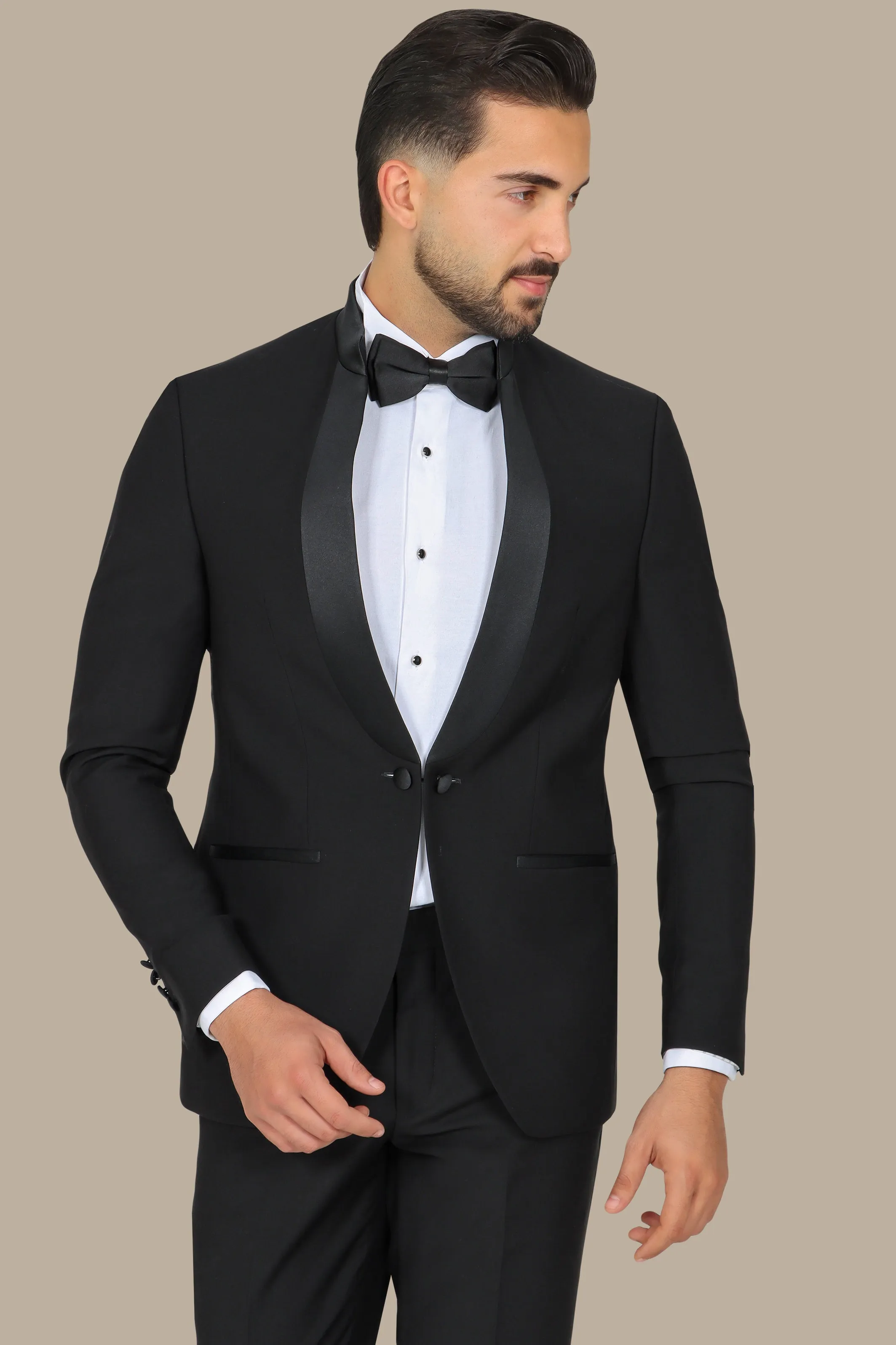 Black Mandarin Collar Tuxedo with Satin Piping