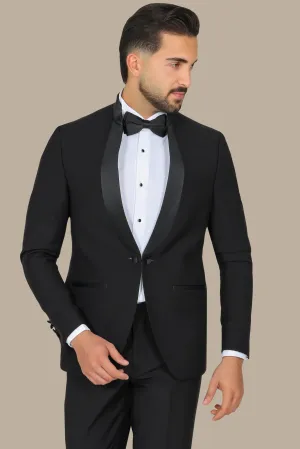 Black Mandarin Collar Tuxedo with Satin Piping