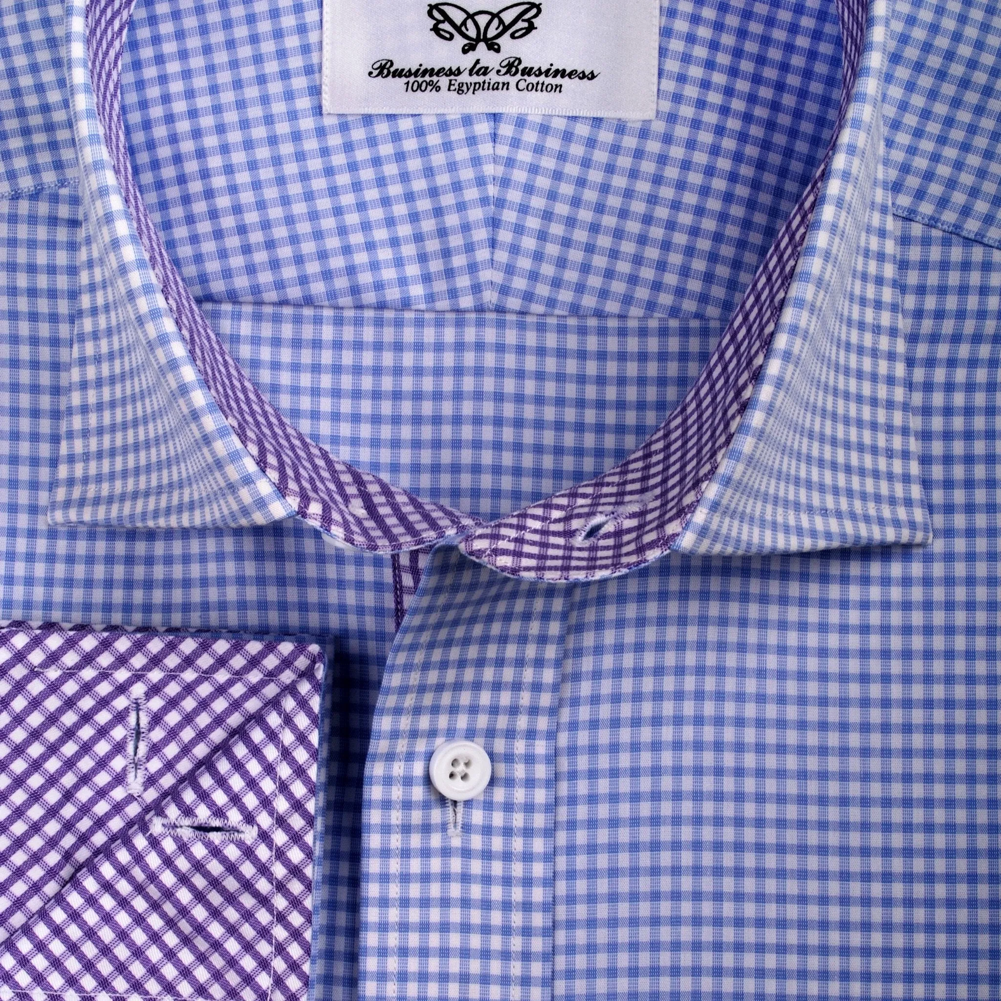 Blue Gingham Check Formal Business Dress Shirt Purple Diagonal Fashion