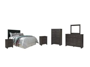 Brinxton Queen/Full Panel Headboard Bed with Mirrored Dresser, Chest and 2 Nightstands in Charcoal