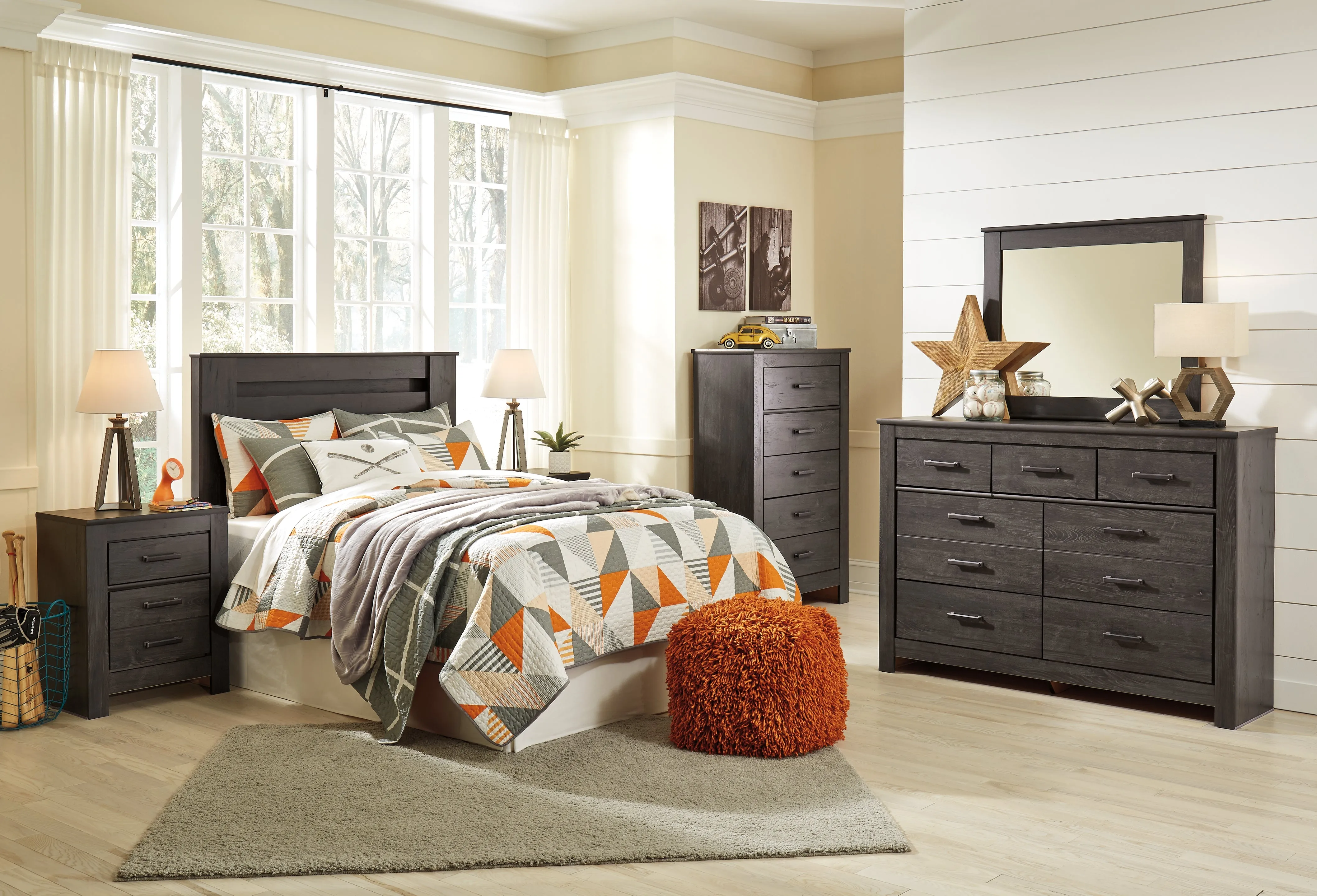 Brinxton Queen/Full Panel Headboard Bed with Mirrored Dresser, Chest and 2 Nightstands in Charcoal