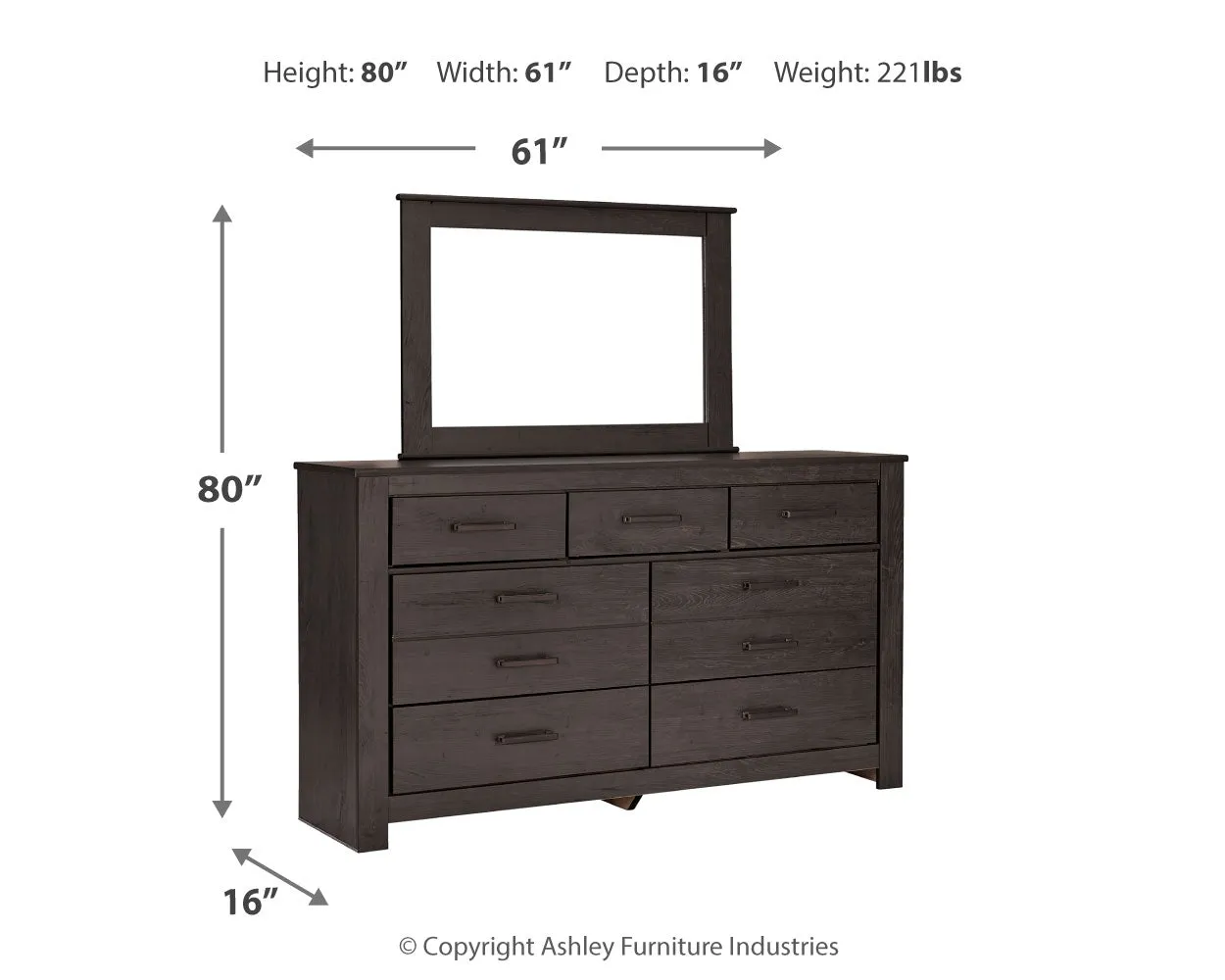 Brinxton Queen/Full Panel Headboard Bed with Mirrored Dresser, Chest and 2 Nightstands in Charcoal