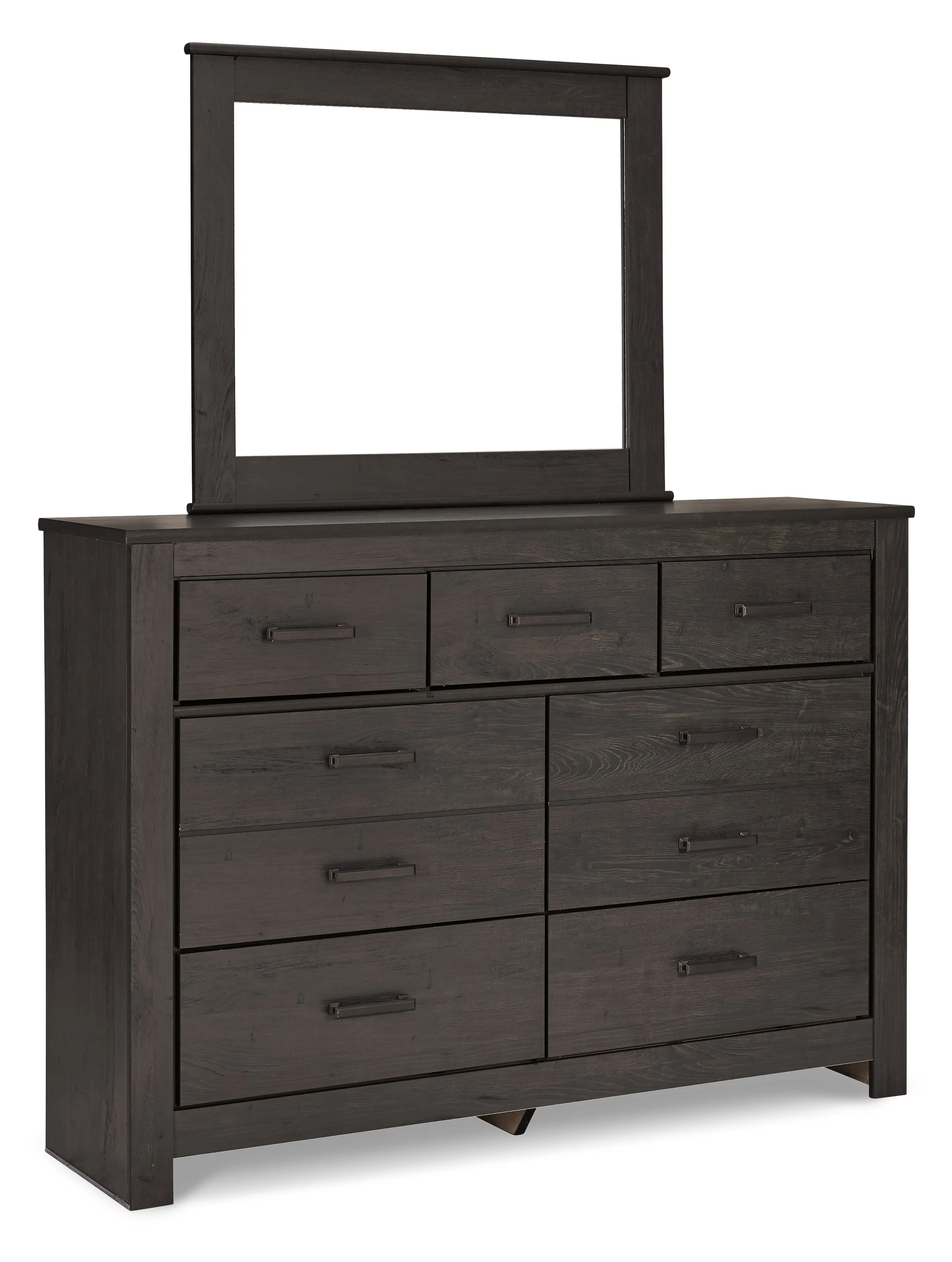 Brinxton Queen/Full Panel Headboard Bed with Mirrored Dresser, Chest and 2 Nightstands in Charcoal