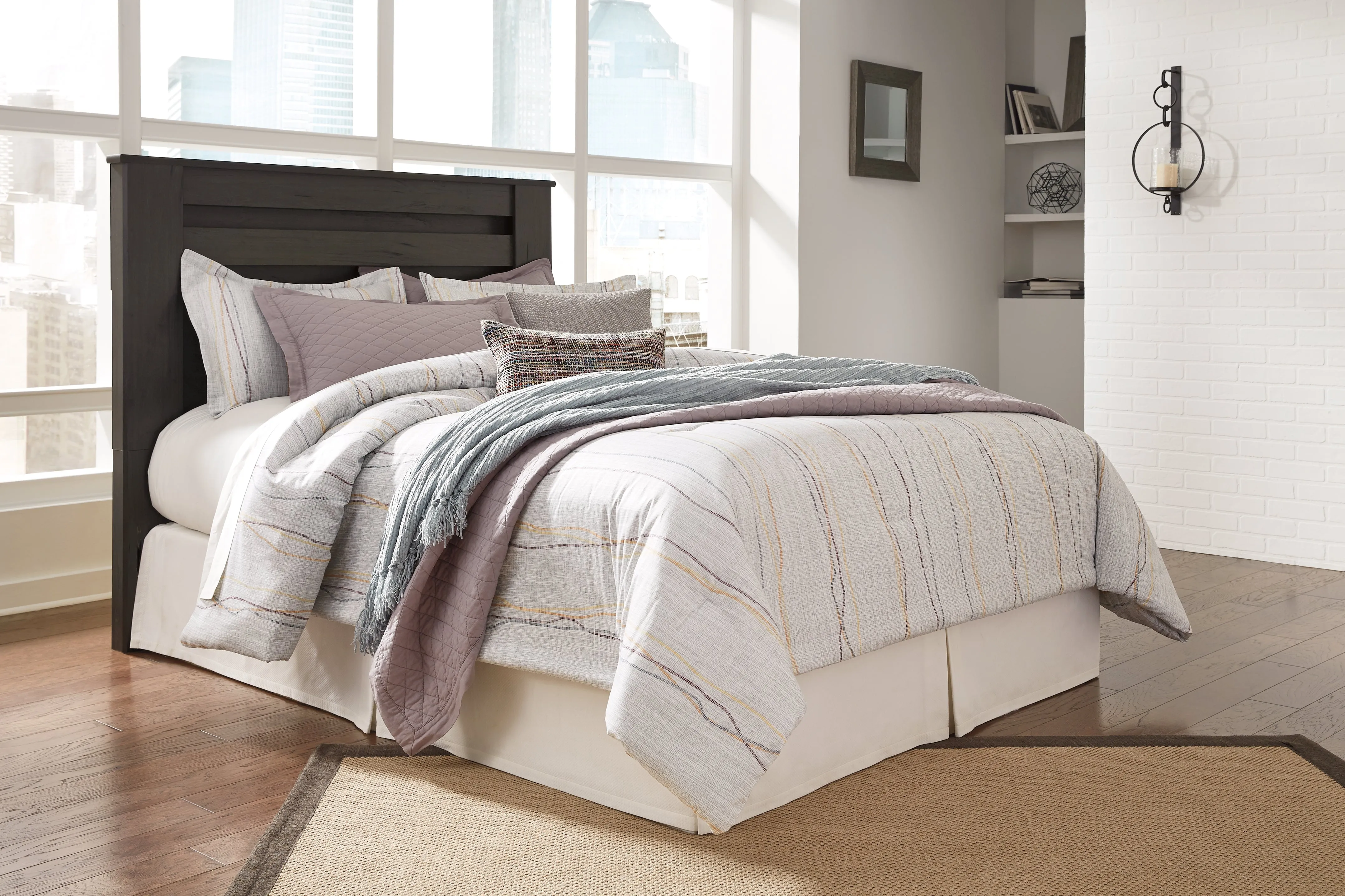Brinxton Queen/Full Panel Headboard Bed with Mirrored Dresser, Chest and 2 Nightstands in Charcoal