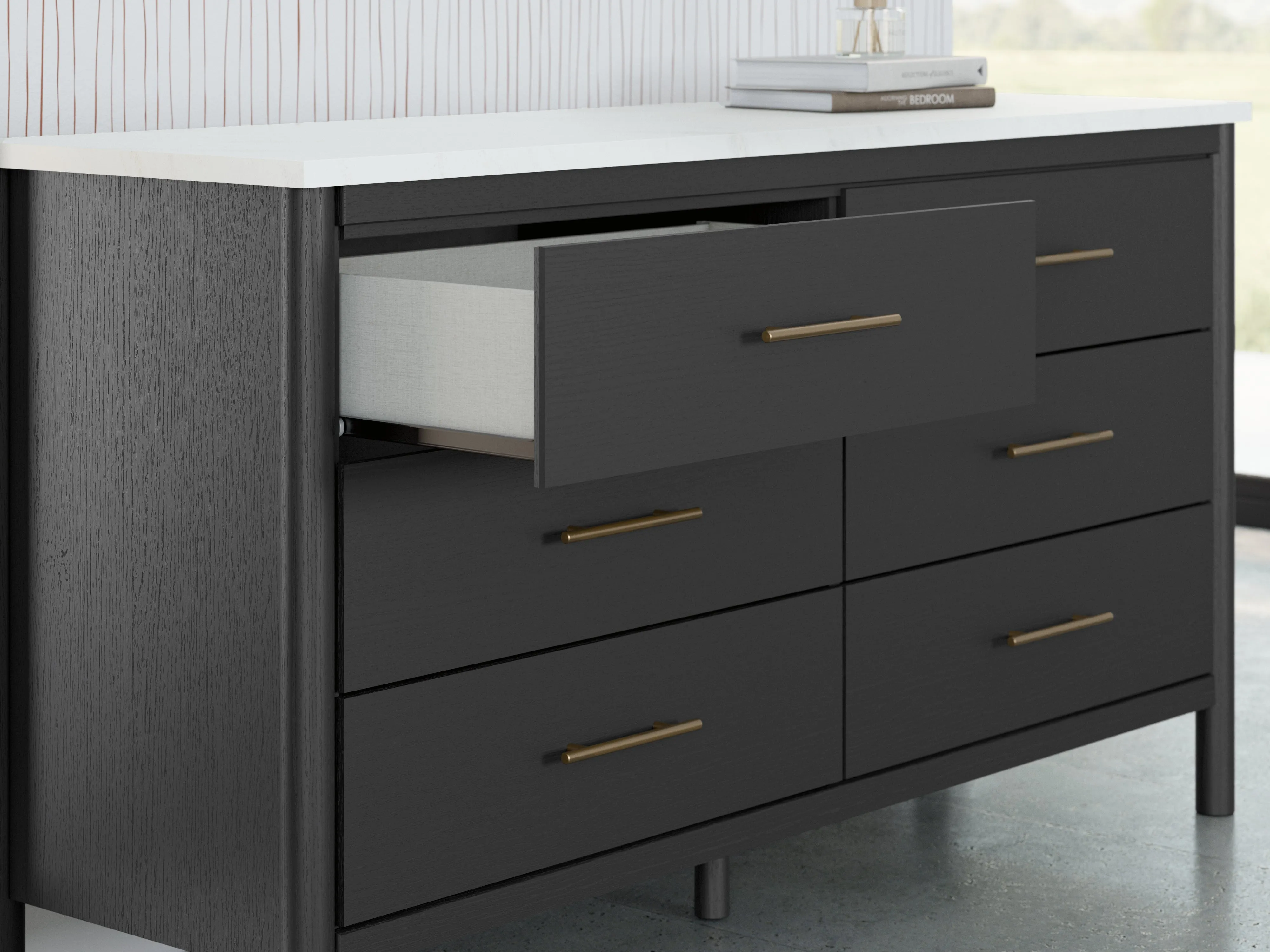 Cadmori Full Upholstered Panel Bed with Dresser in Black/White