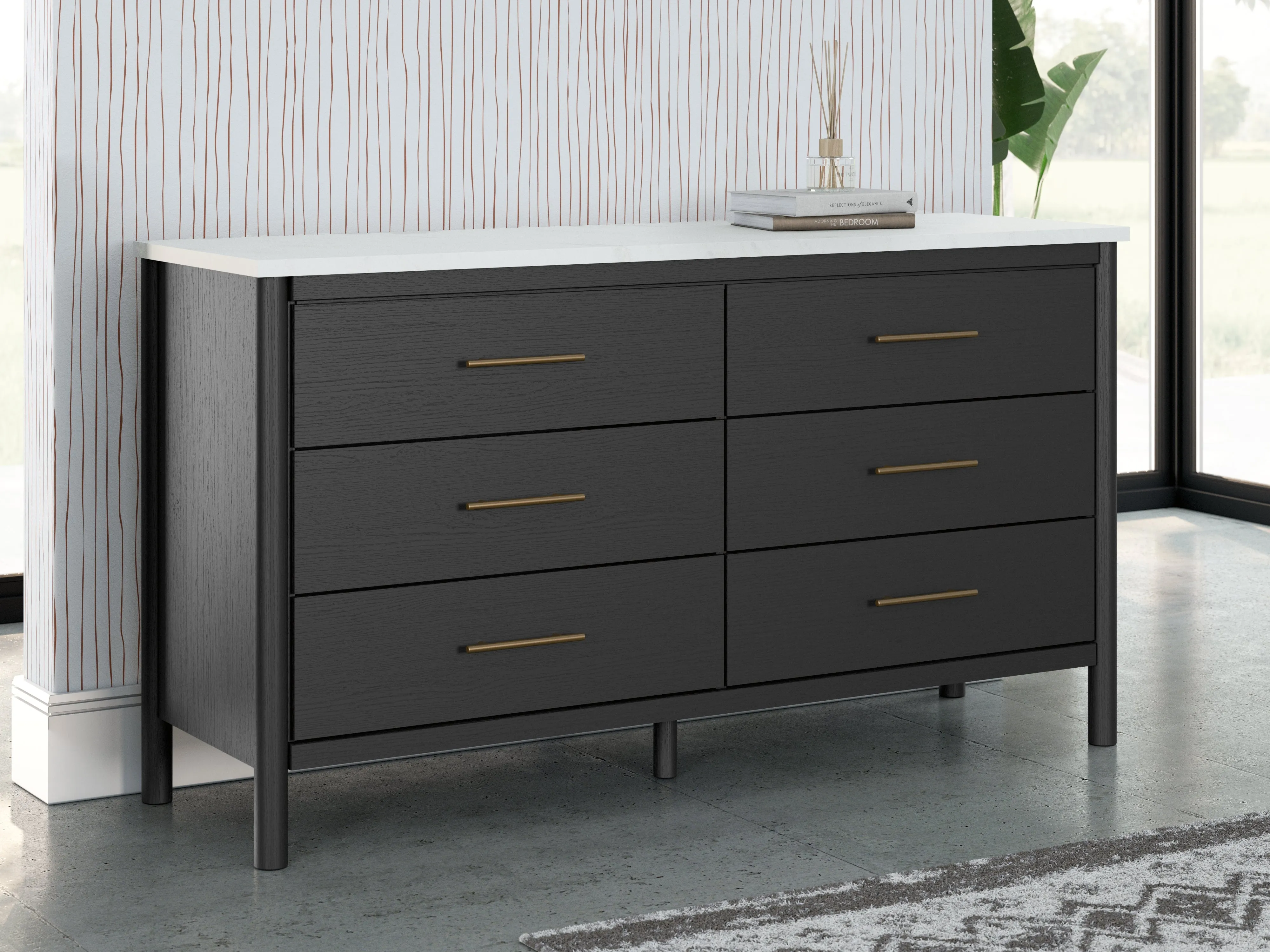 Cadmori Full Upholstered Panel Bed with Dresser in Black/White