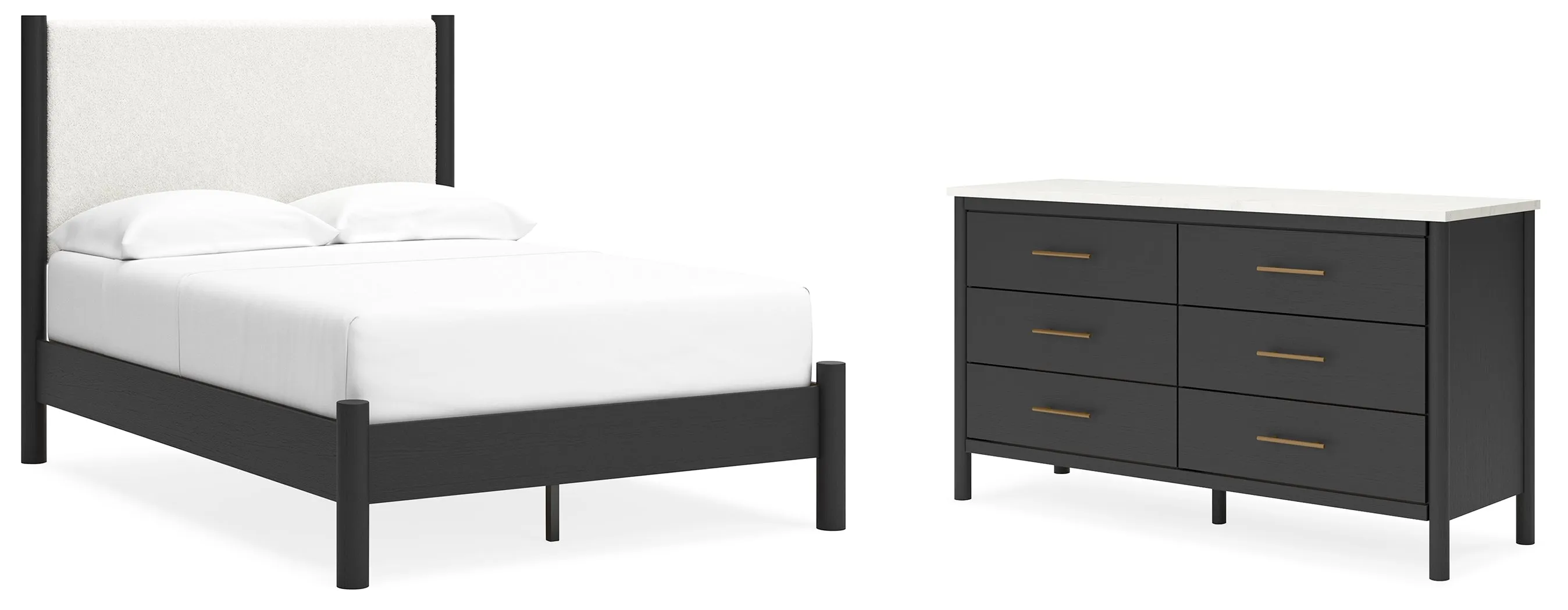 Cadmori Full Upholstered Panel Bed with Dresser in Black/White