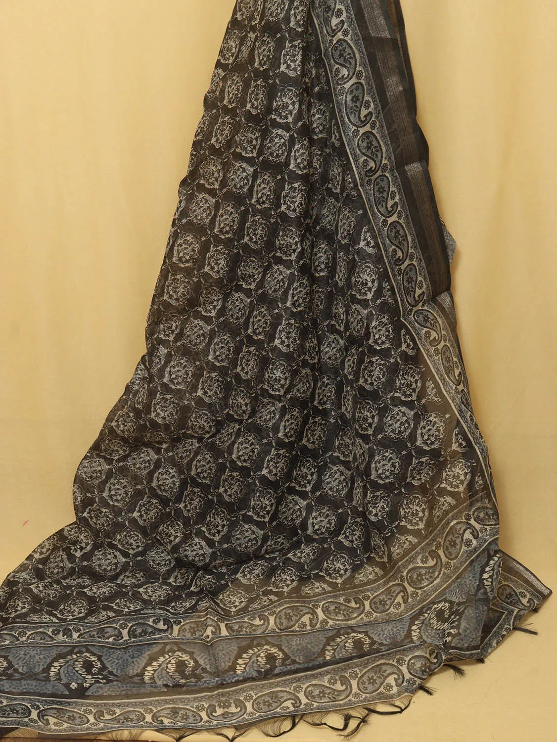 Chic Block Print Black Chanderi Silk Dupatta for Fashionable Look