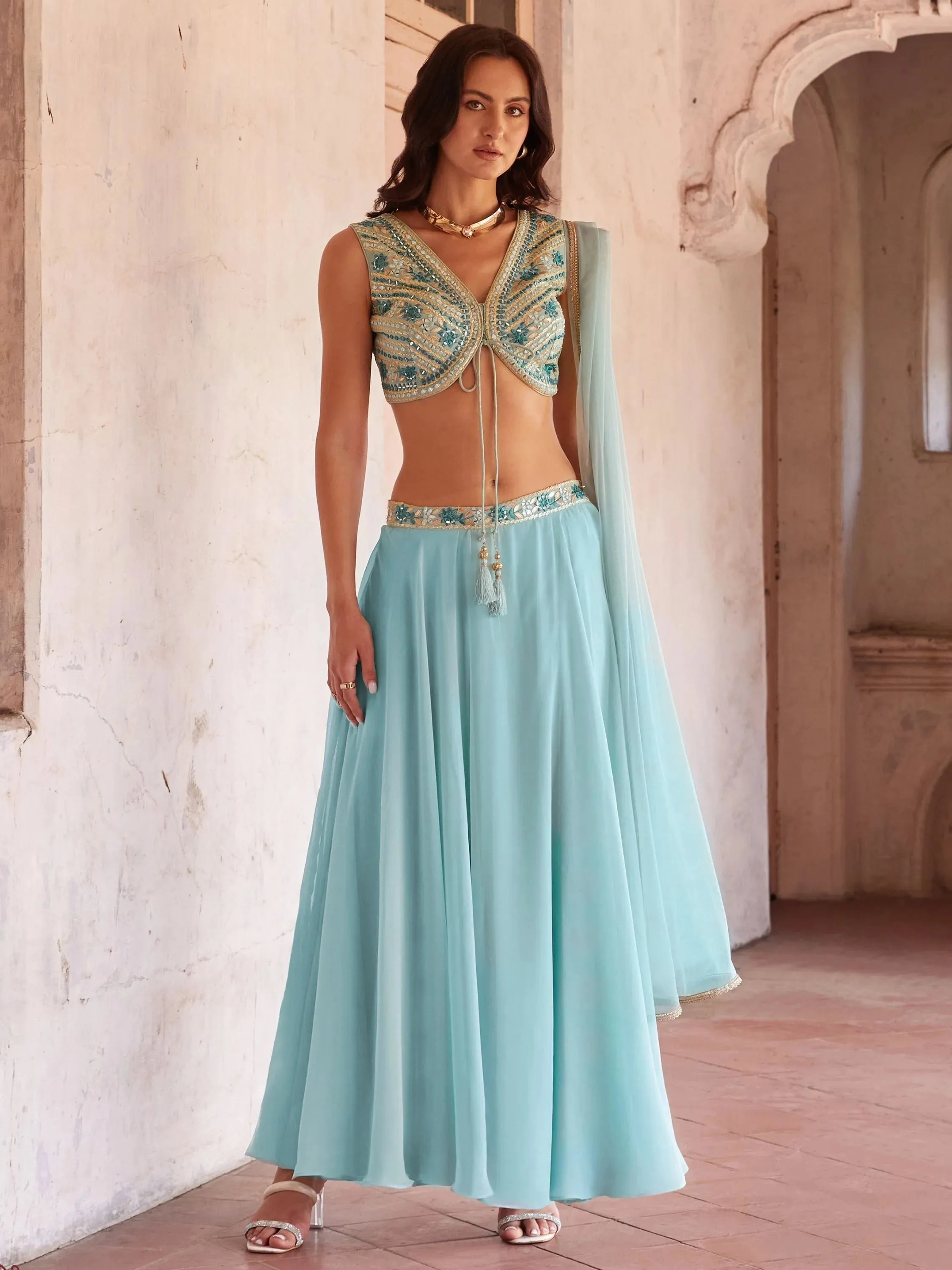 Chic Sky Blue Floral Palazzo Suit with Embroidered Designer Top