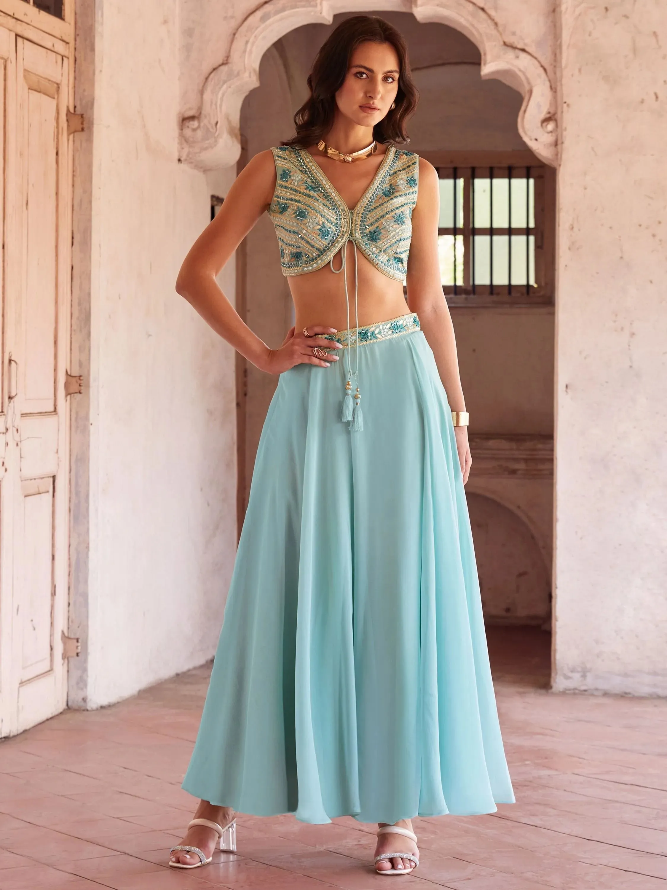 Chic Sky Blue Floral Palazzo Suit with Embroidered Designer Top