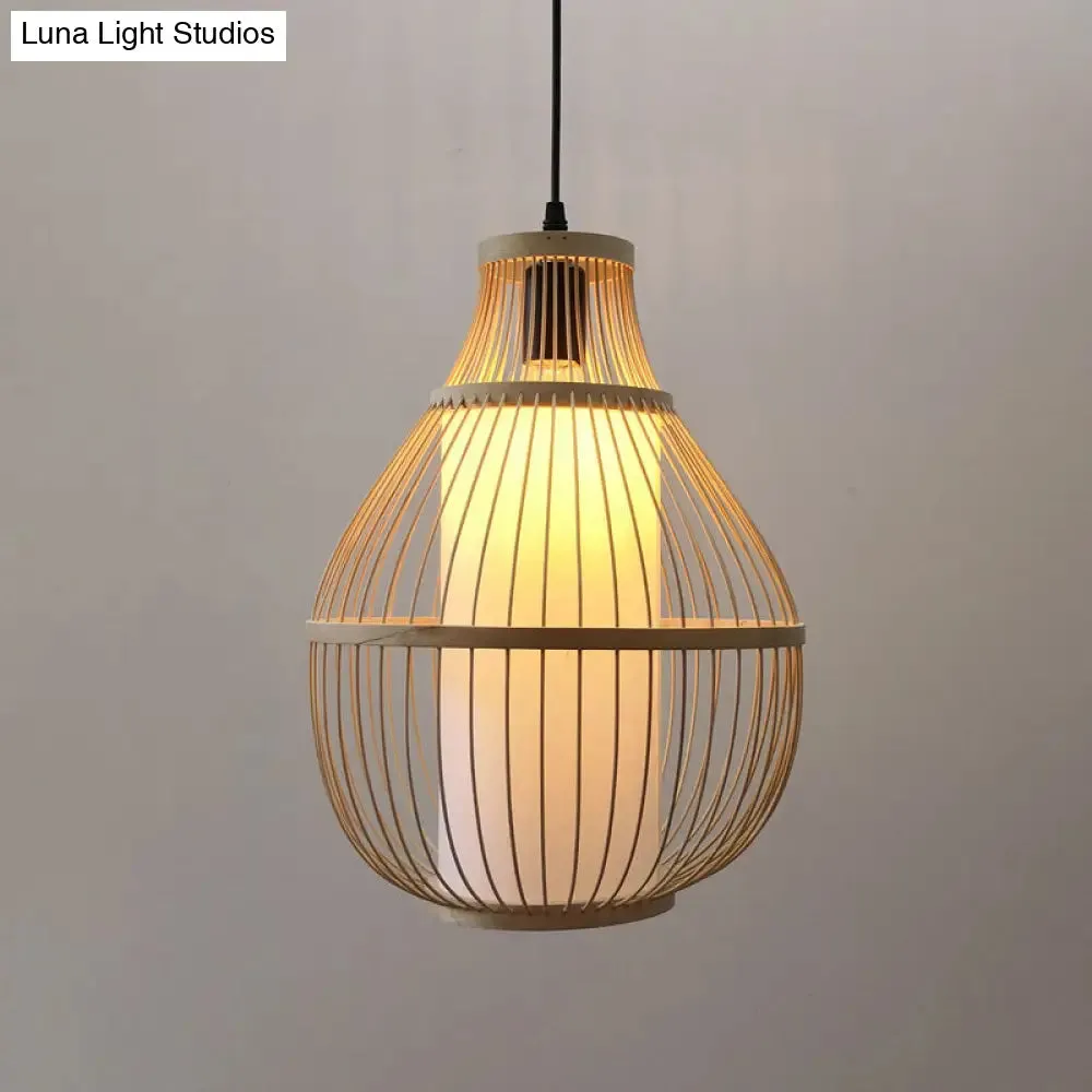 Chinese Bamboo 1-Head Pendant Light for Dining Room in Beige Pear