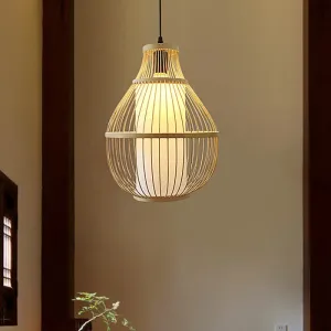 Chinese Bamboo 1-Head Pendant Light for Dining Room in Beige Pear
