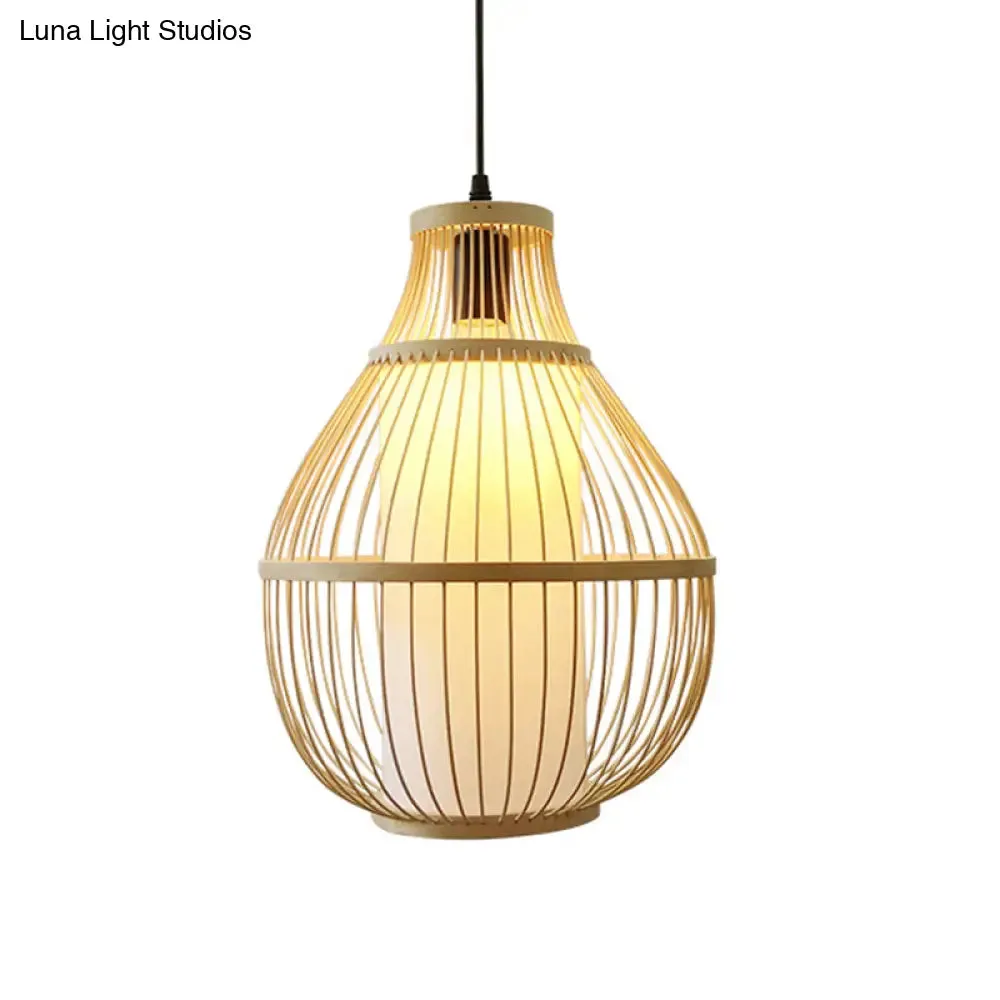 Chinese Bamboo 1-Head Pendant Light for Dining Room in Beige Pear