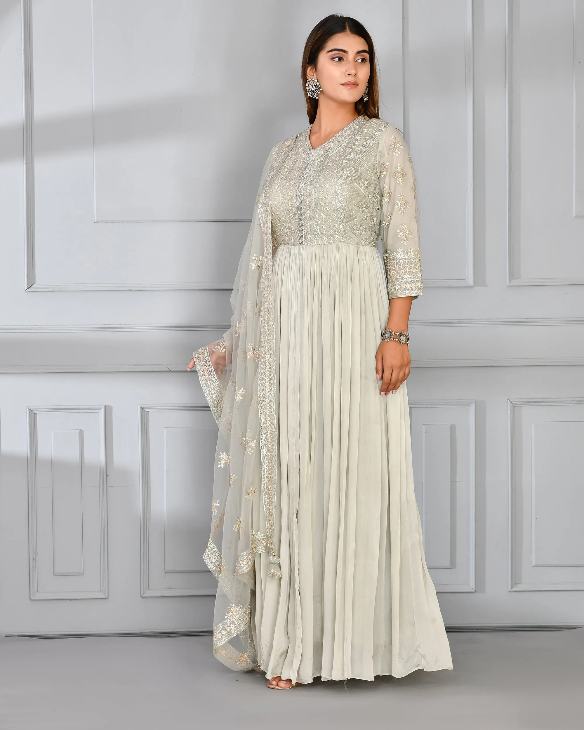 Chinnon Embroidered Long Gown with Dupatta
