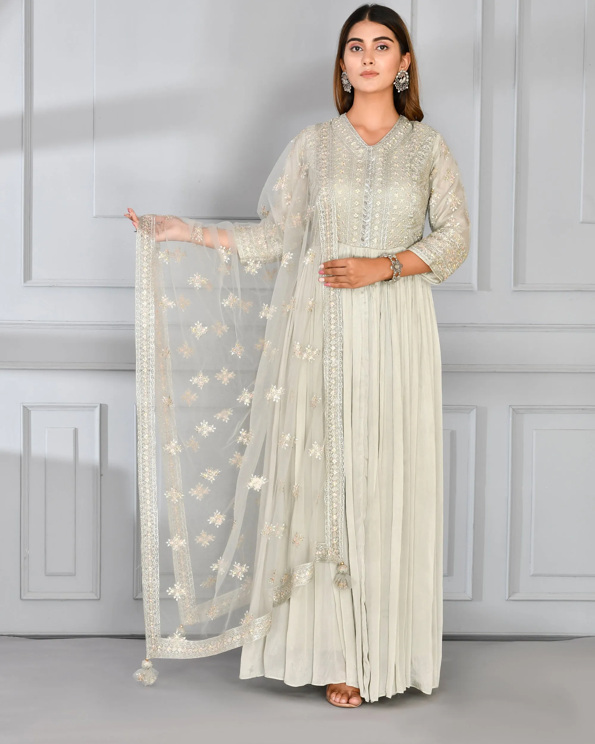Chinnon Embroidered Long Gown with Dupatta