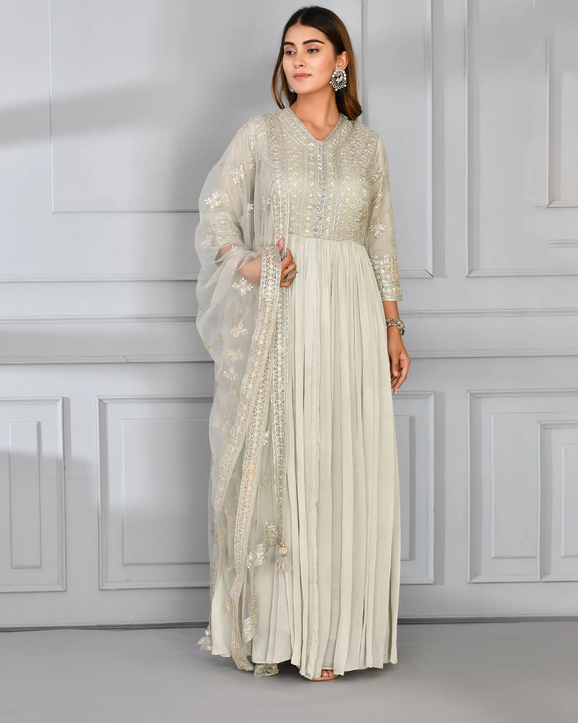 Chinnon Embroidered Long Gown with Dupatta