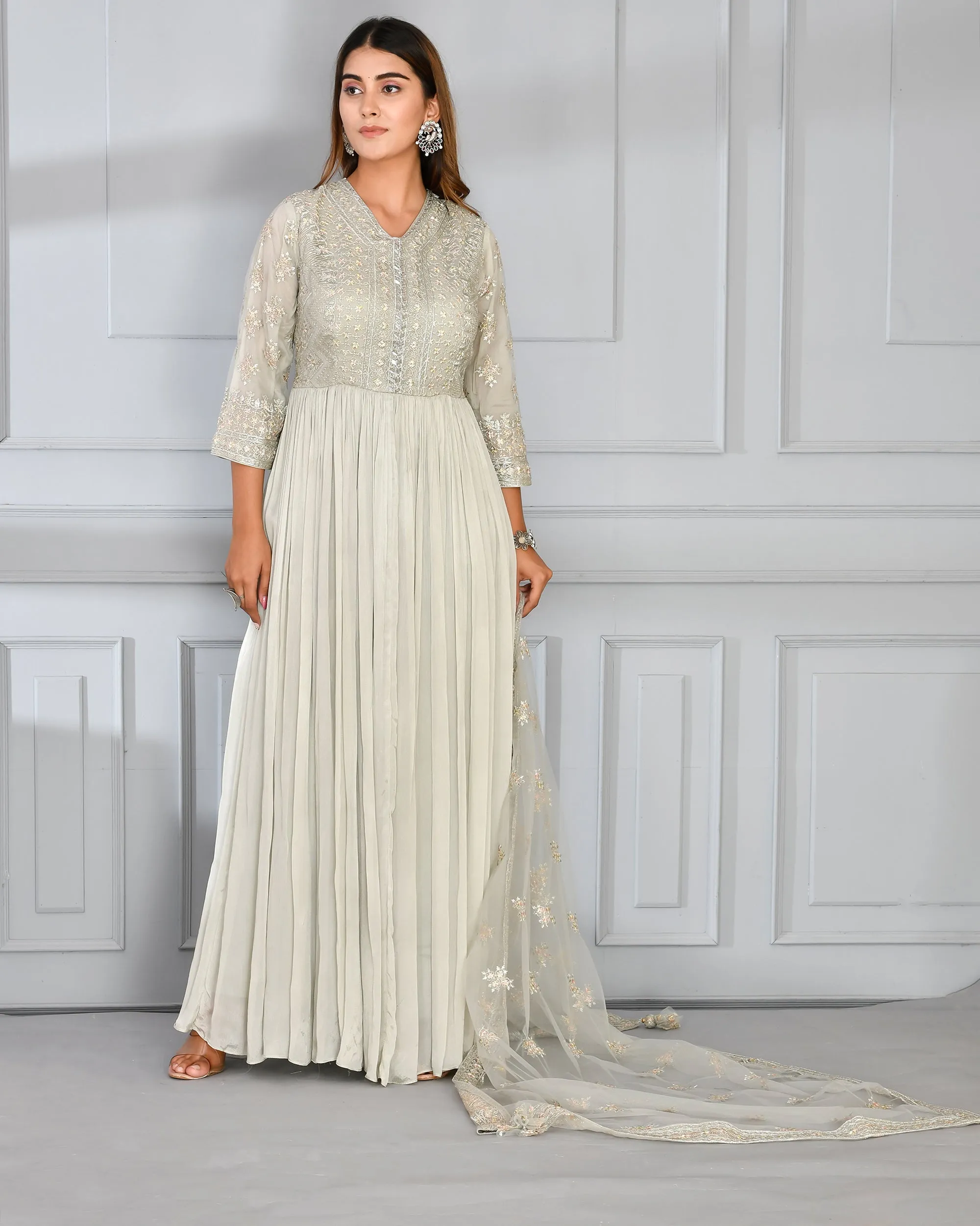 Chinnon Embroidered Long Gown with Dupatta