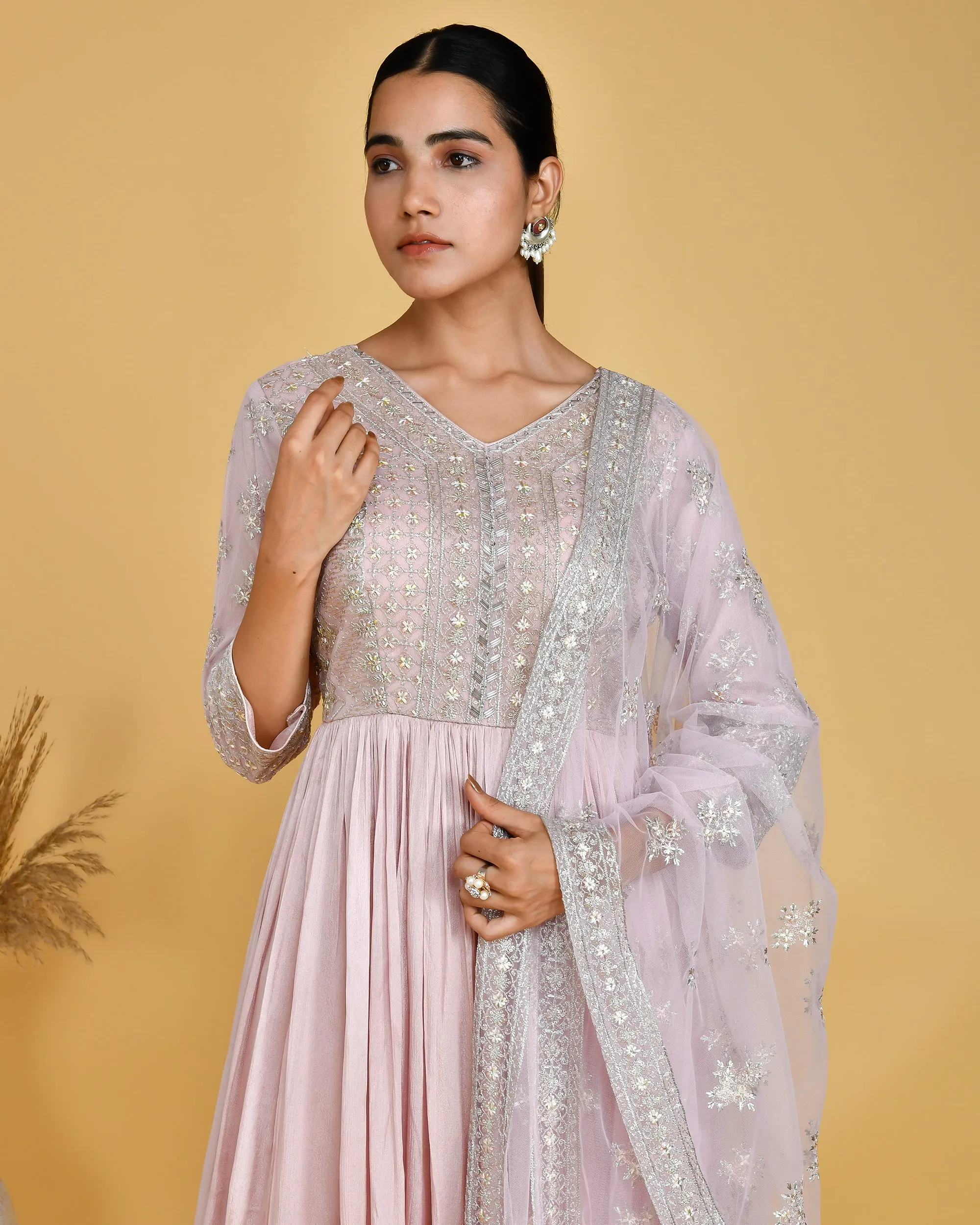 Chinnon Embroidered Long Gown with Dupatta