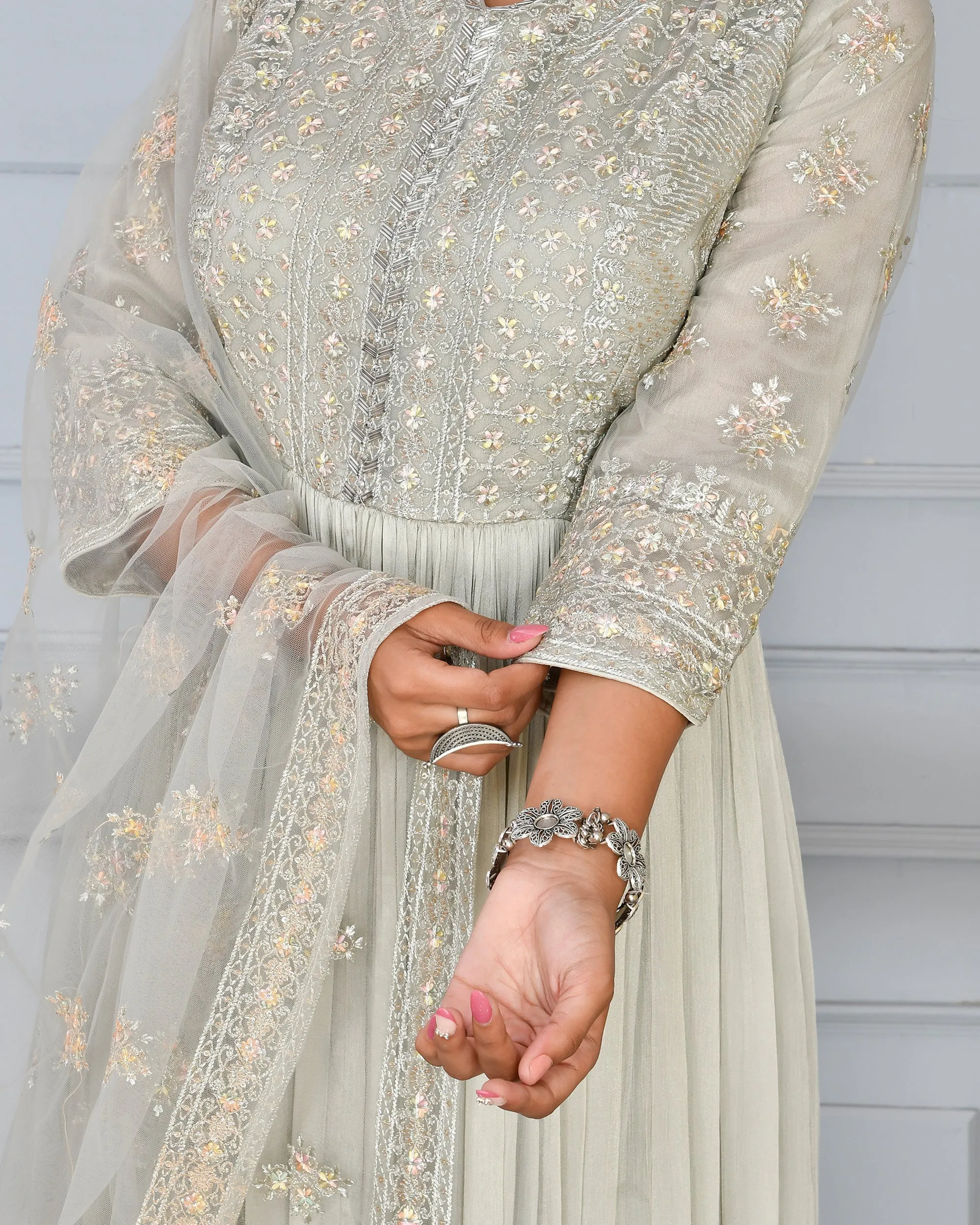 Chinnon Embroidered Long Gown with Dupatta