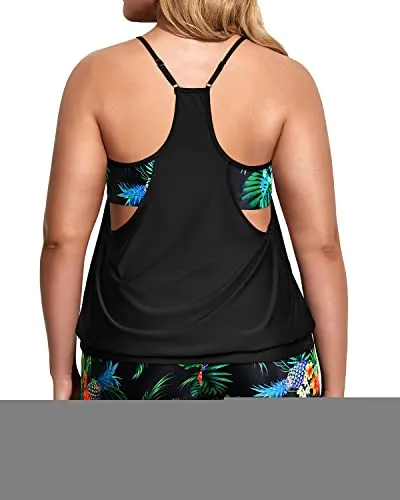 Deep Cut Tankini Set With Tummy Control For Plus Size Women-Black Pineapple
