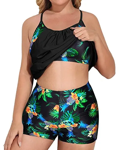 Deep Cut Tankini Set With Tummy Control For Plus Size Women-Black Pineapple