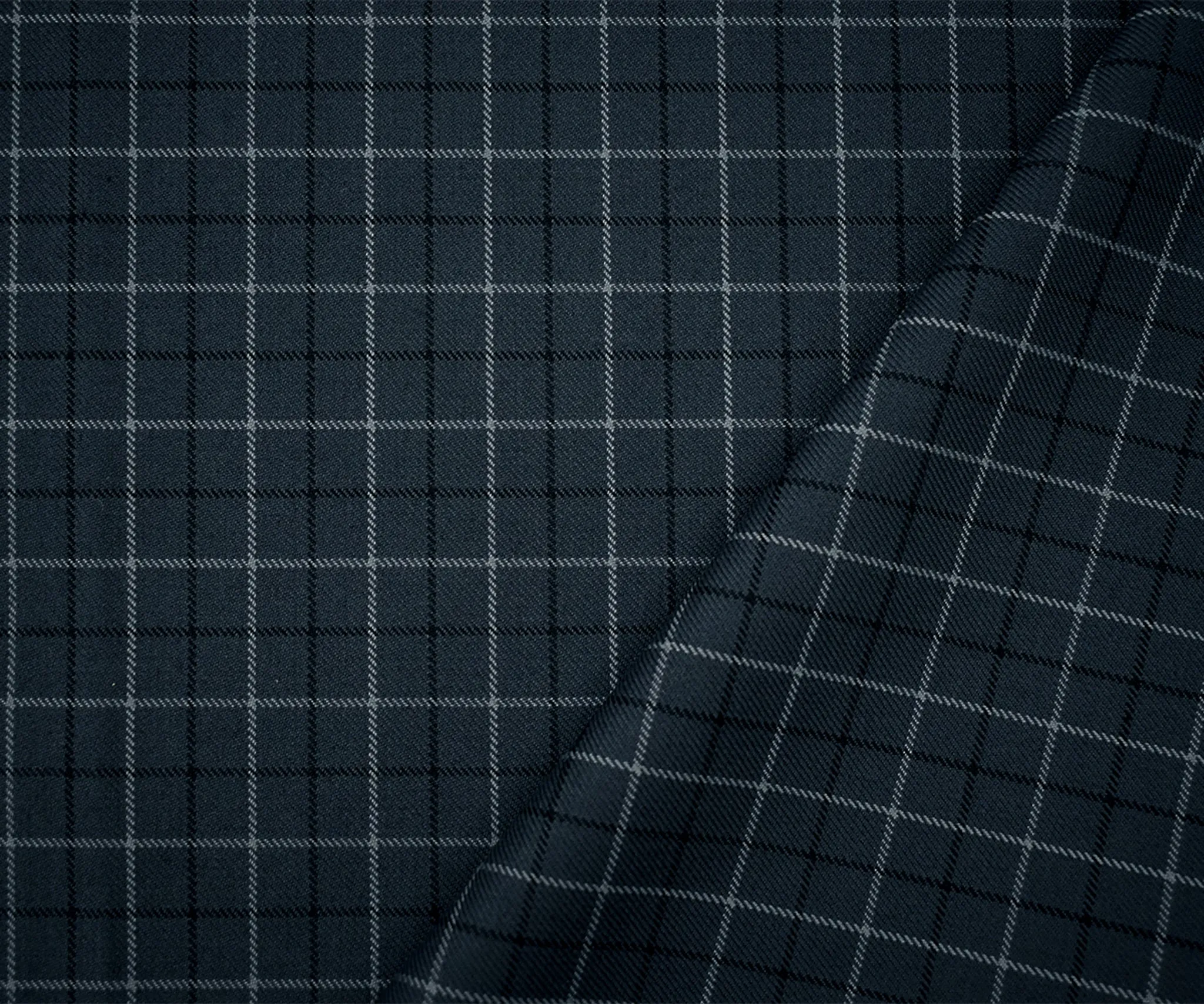 Deep Gray-Black Wool-Polyester Plaid Check Twill Suiting Fabric