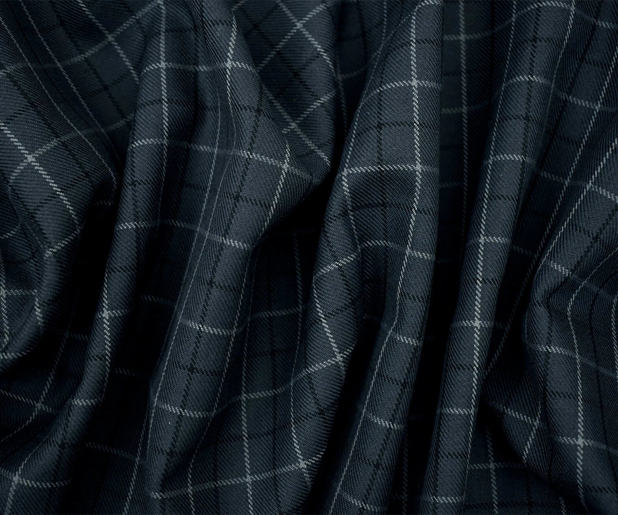 Deep Gray-Black Wool-Polyester Plaid Check Twill Suiting Fabric